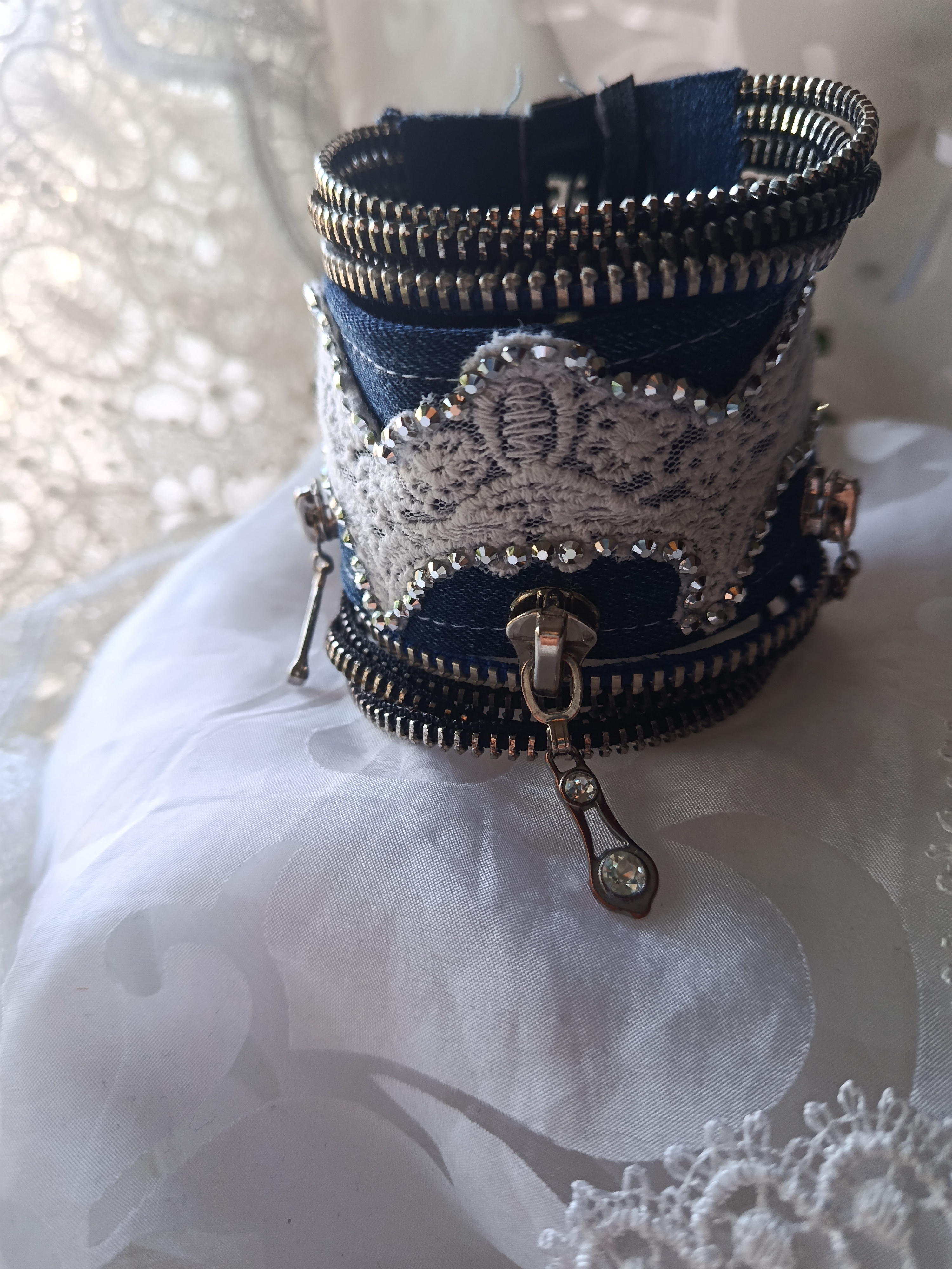 Handcrafted Upcycled Denim Zipper Cuff Bracelet with Lace & Rhinestones