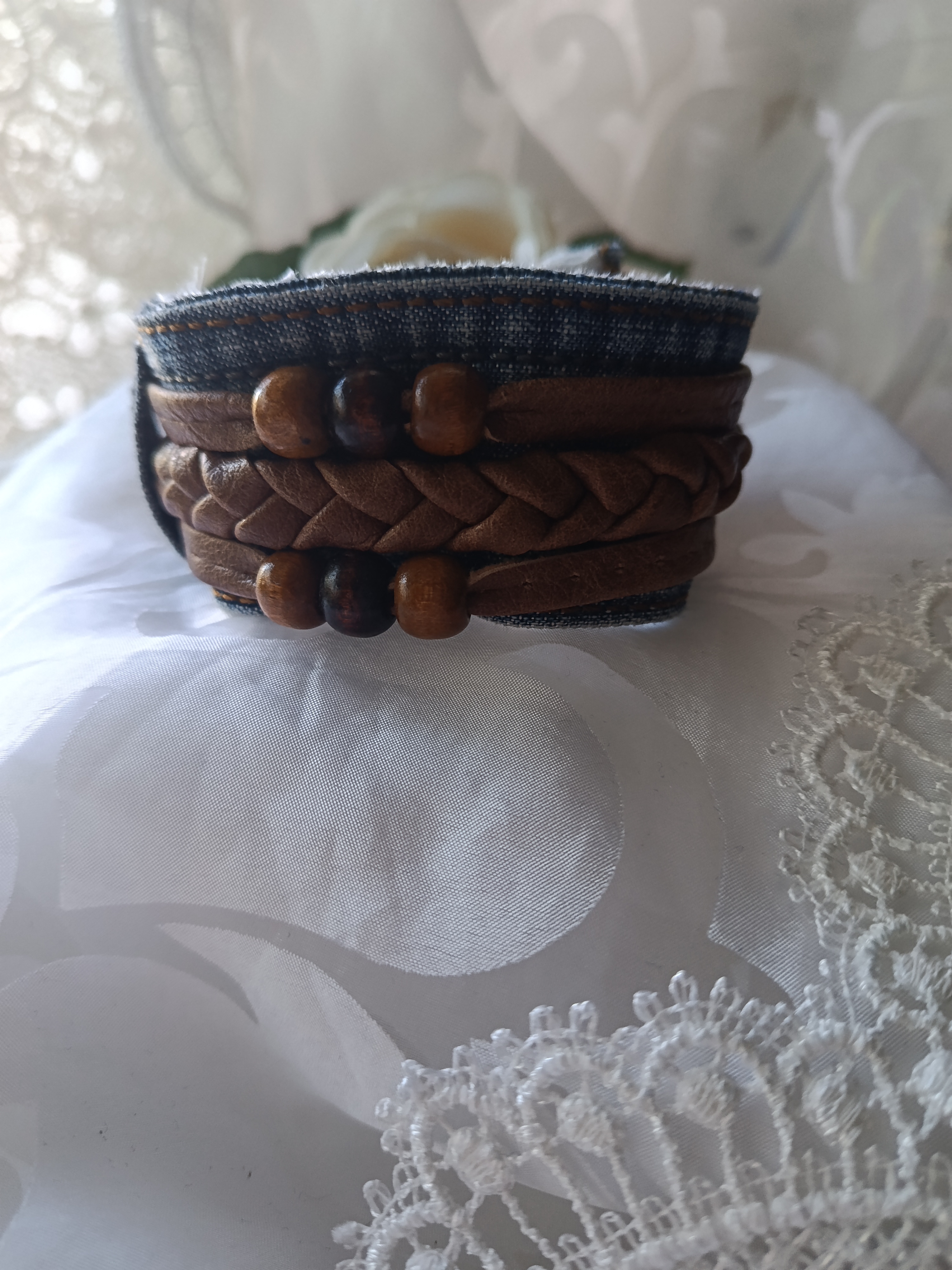 Handcrafted Men's Upcycled Denim & Leather Cuff Bracelet with Wooden Beads