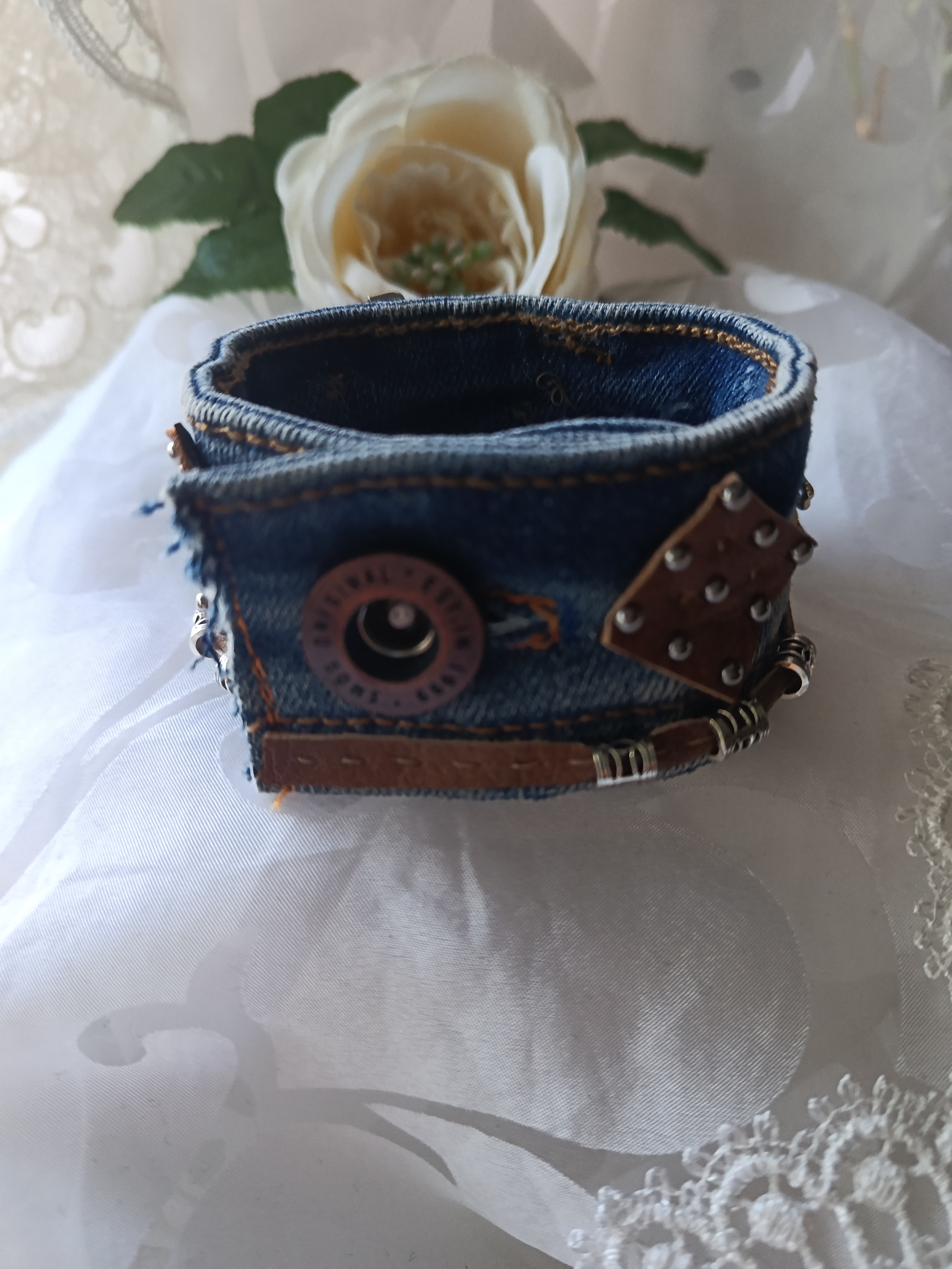 Handcrafted Men's Upcycled Denim Rocker Cuff Bracelet with Leather Patch & Crosses, photo 2