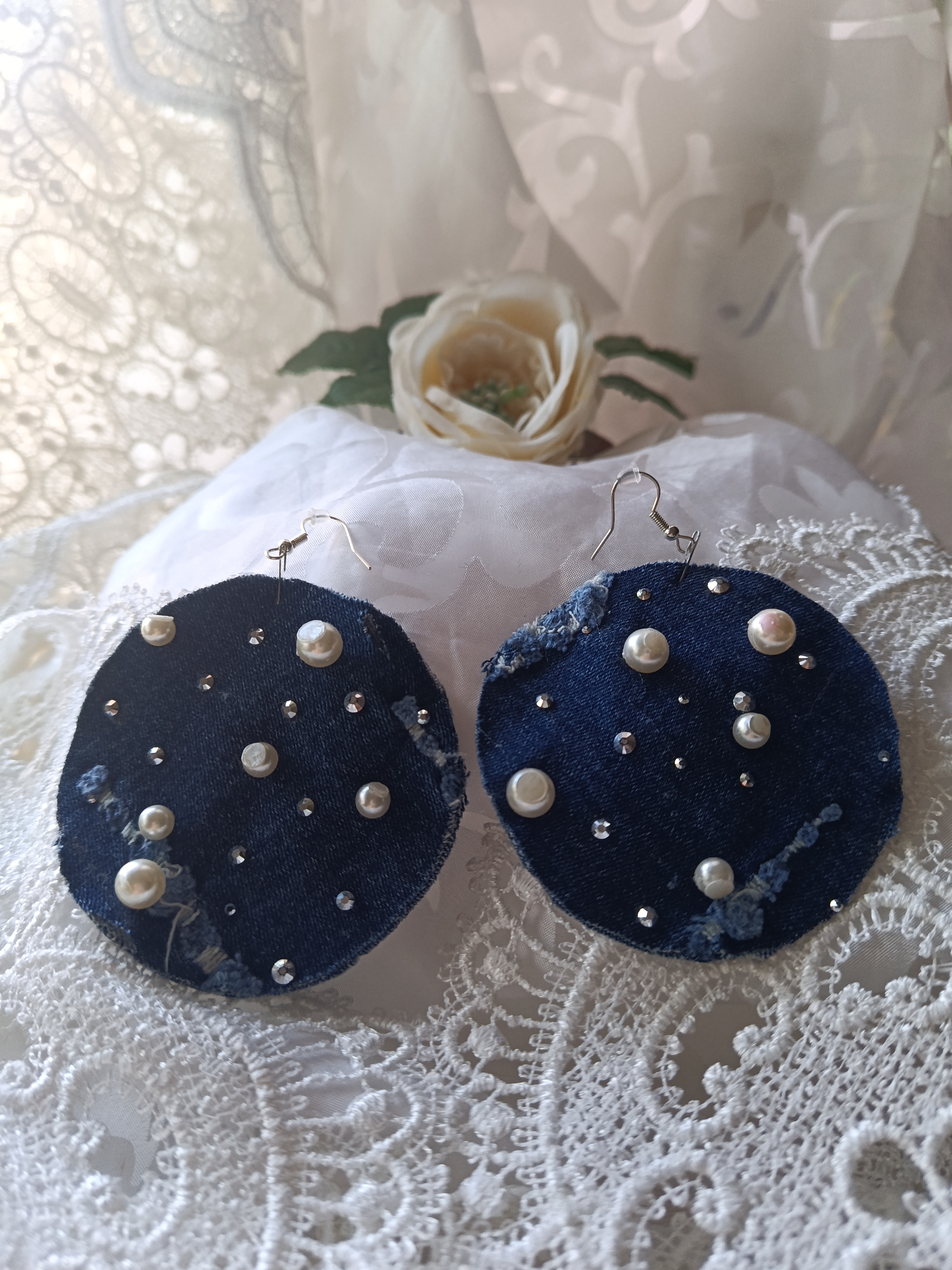 Handcrafted Round Dark Denim Statement Earrings with Pearls & Rhinestones