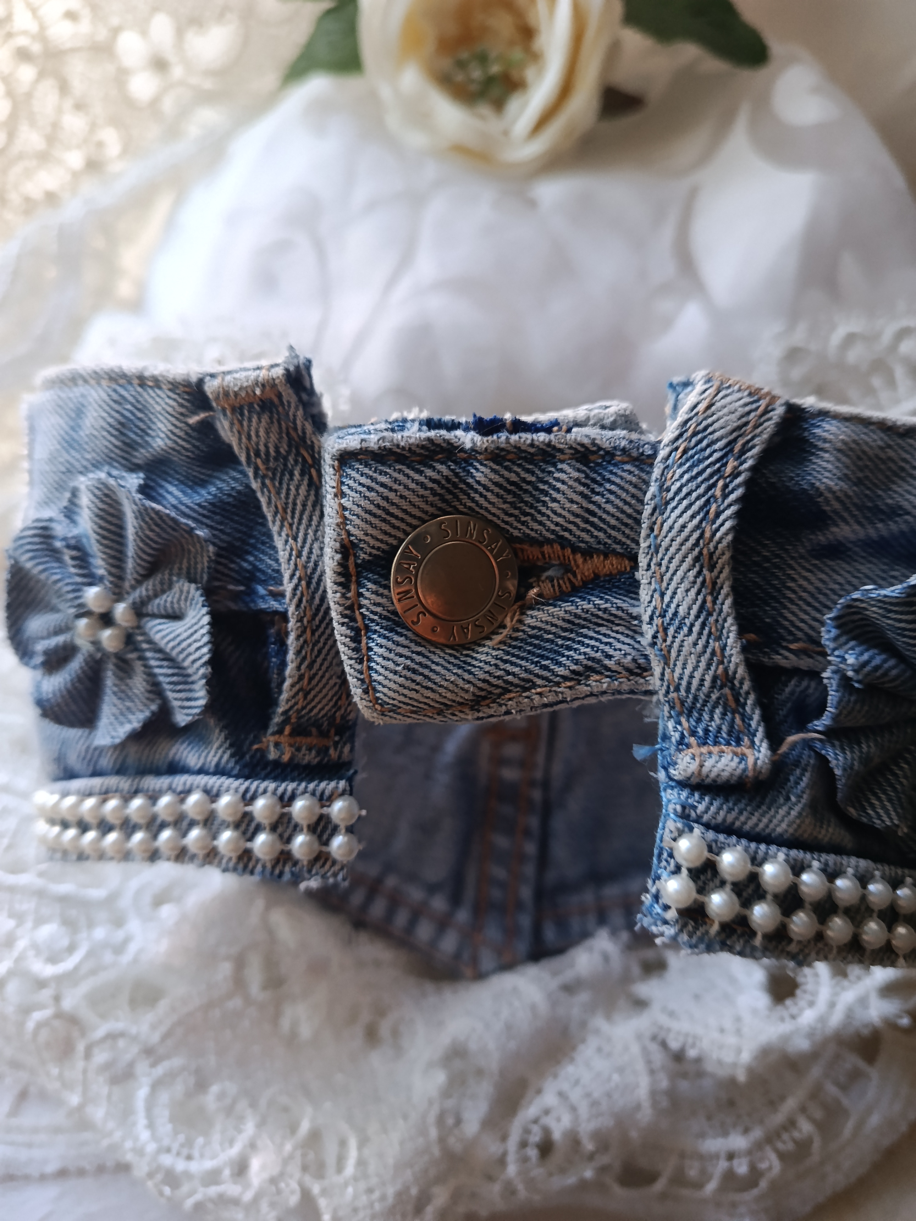 Handcrafted Upcycled Denim Choker Necklace with White Lace, Pearls & Center Zipper, photo 4