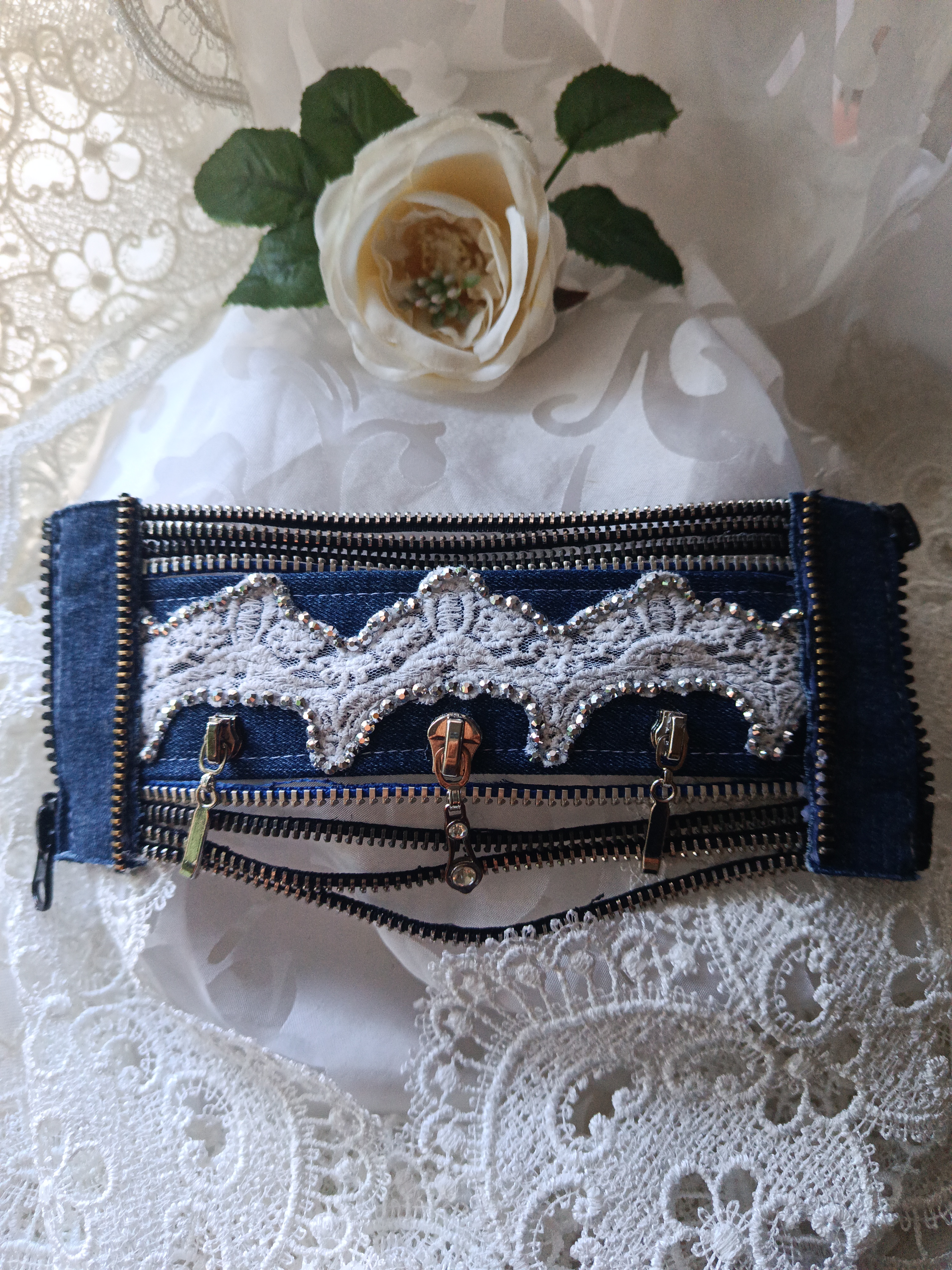 Handcrafted Upcycled Denim Zipper Cuff Bracelet with Lace & Rhinestones, photo 3