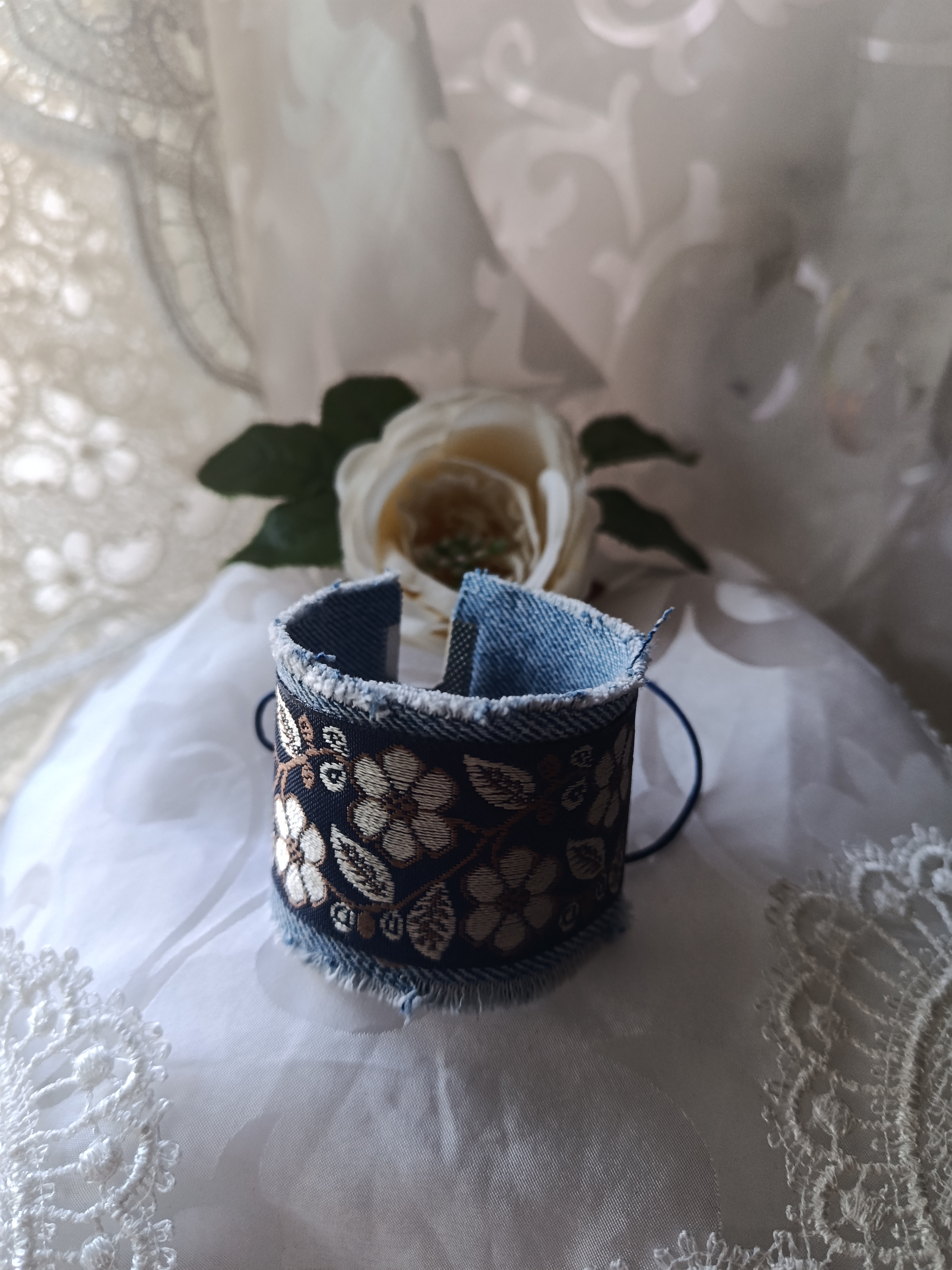 Handcrafted Upcycled Denim Cuff Bracelet with Floral Jacquard Ribbon & Tie Closure