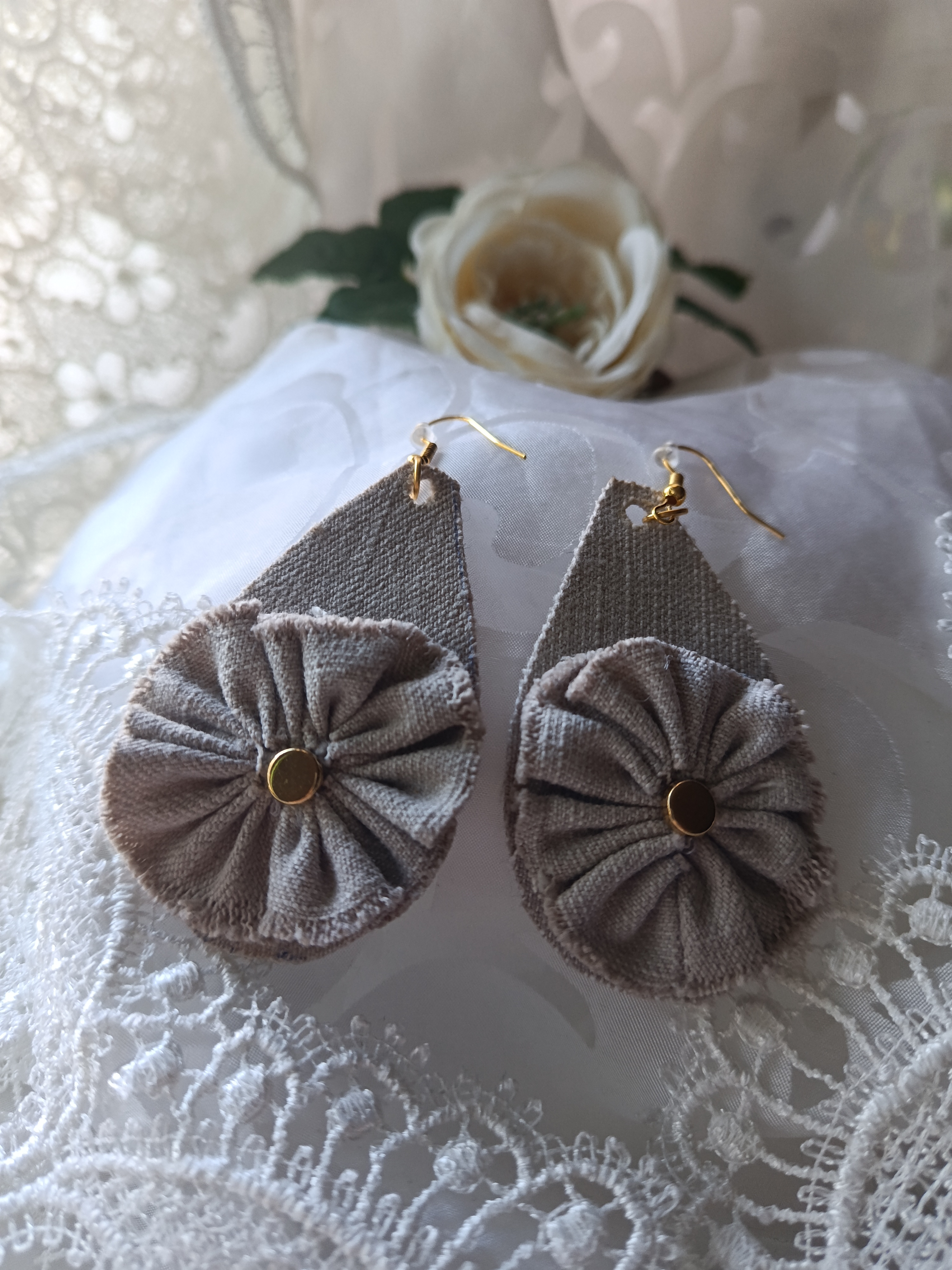 Handcrafted Light Grey Denim Teardrop Earrings with Fabric Flower & Gold Stud