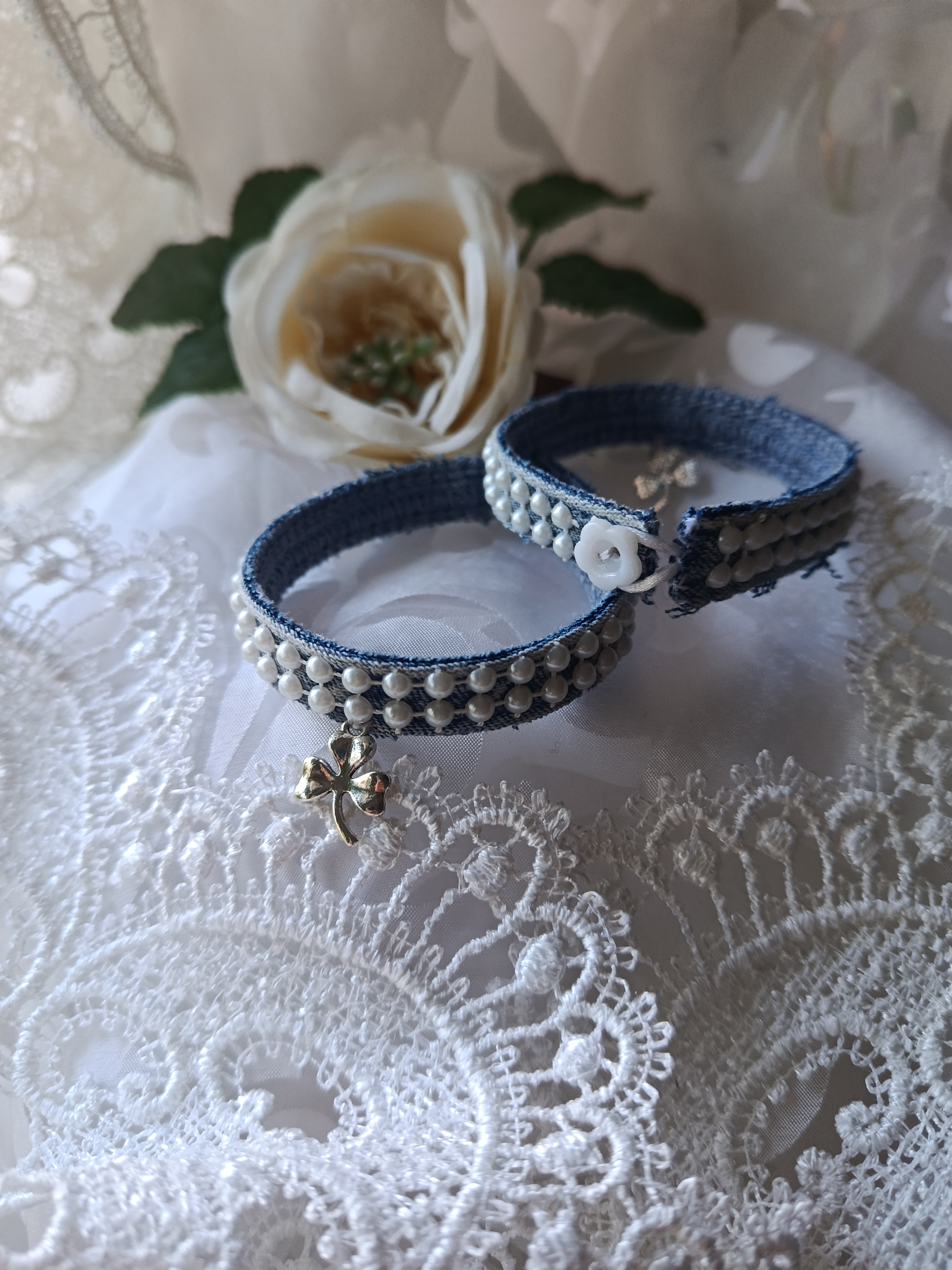 Handcrafted Mother-Daughter Upcycled Denim Bracelet Set with Pearls & Four-Leaf Clover Charms