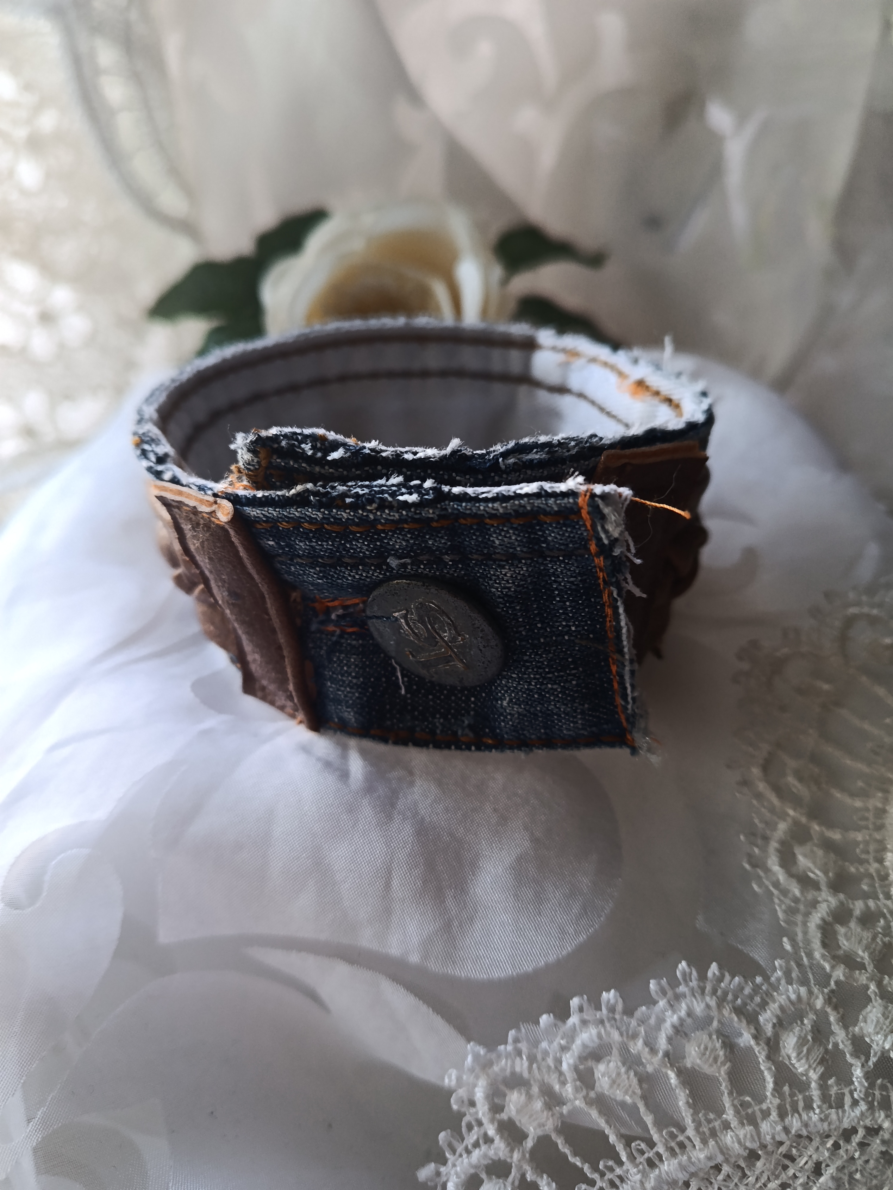 Handcrafted Men's Upcycled Denim & Leather Cuff Bracelet with Wooden Beads, photo 2