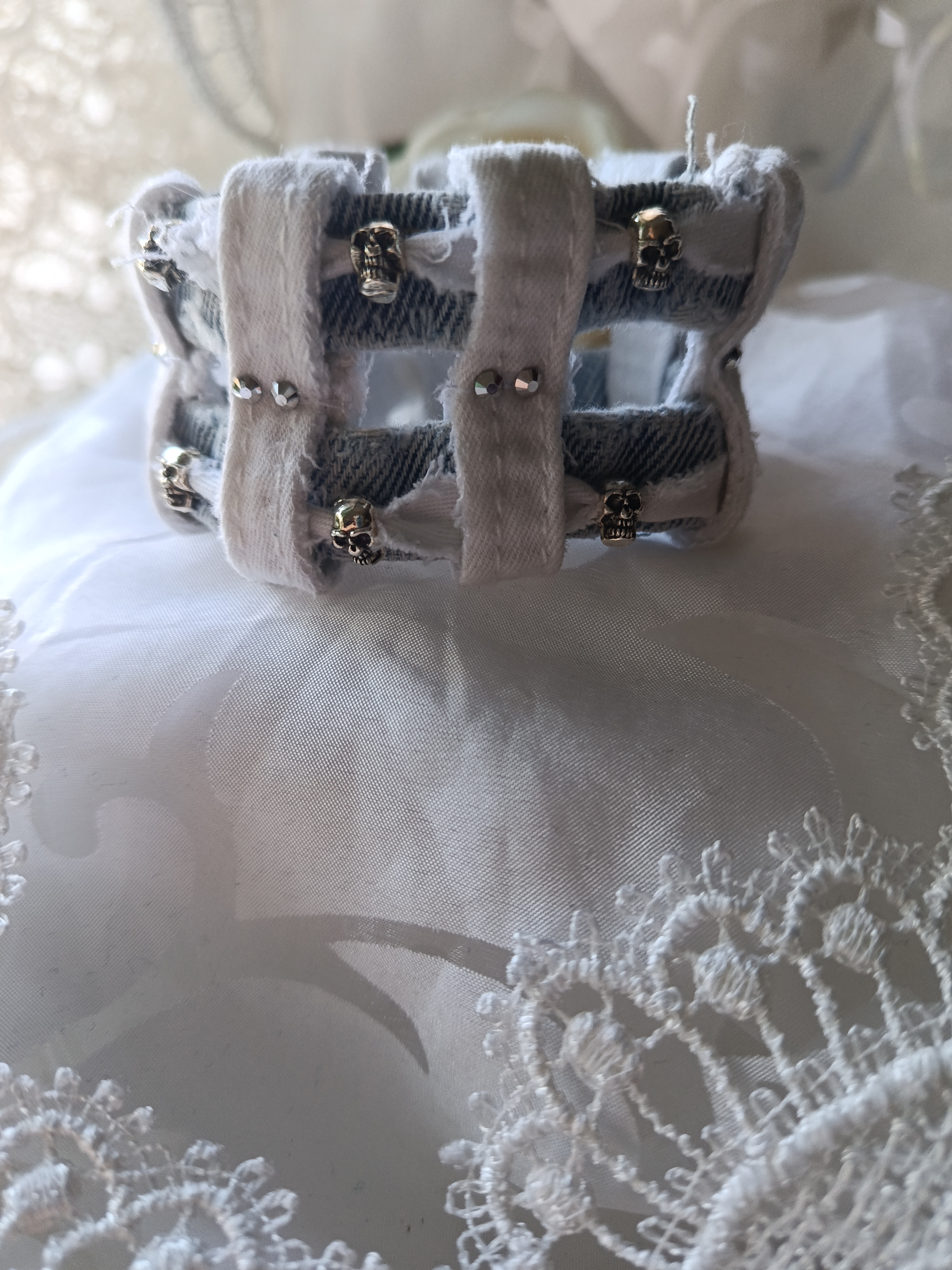 Handcrafted Upcycled White & Light Blue Denim Rocker Cuff with Skulls & Rhinestones