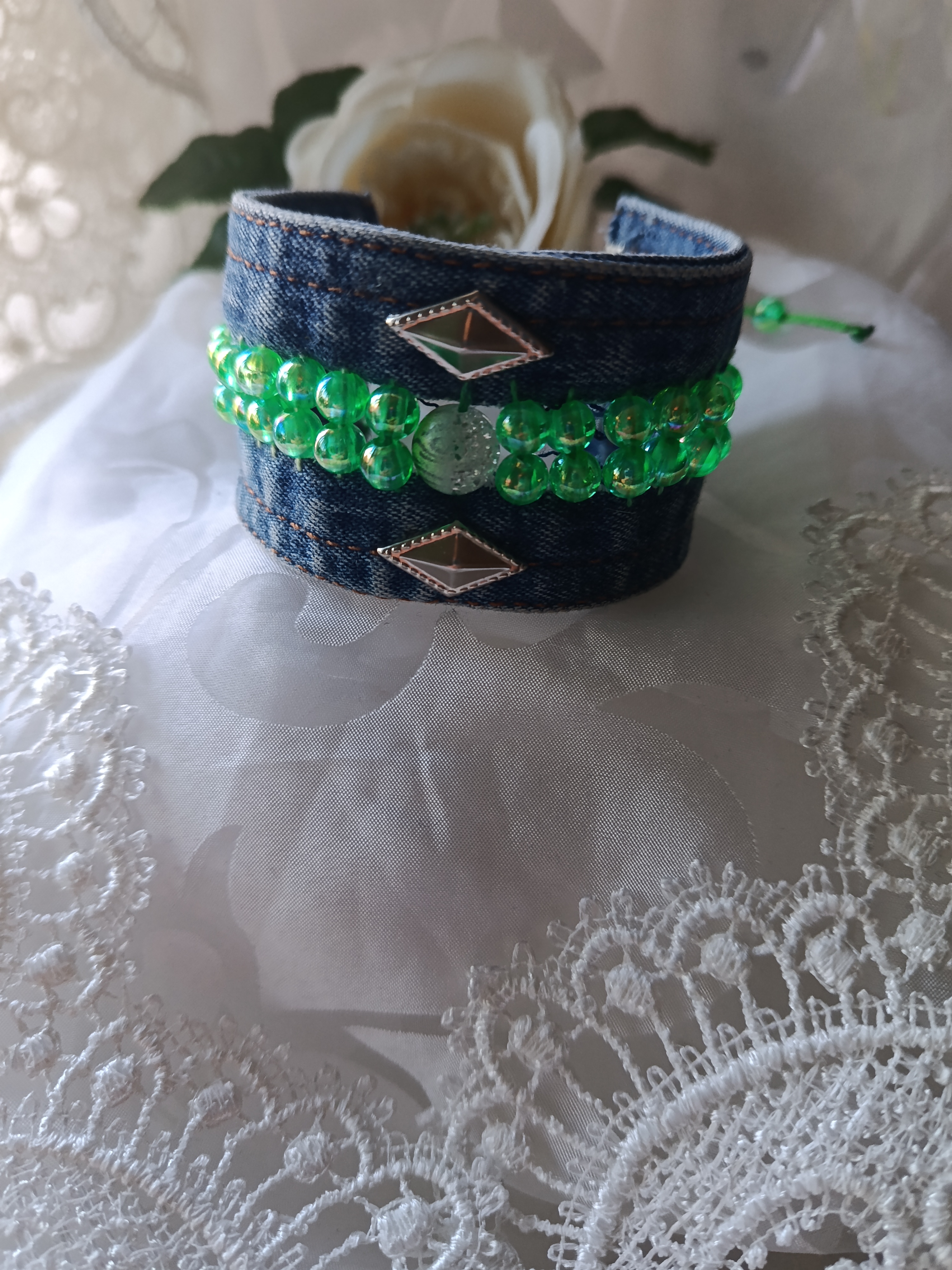 Handcrafted Upcycled Blue Denim Cuff Bracelet with Emerald Green Beads & Rhombus Studs