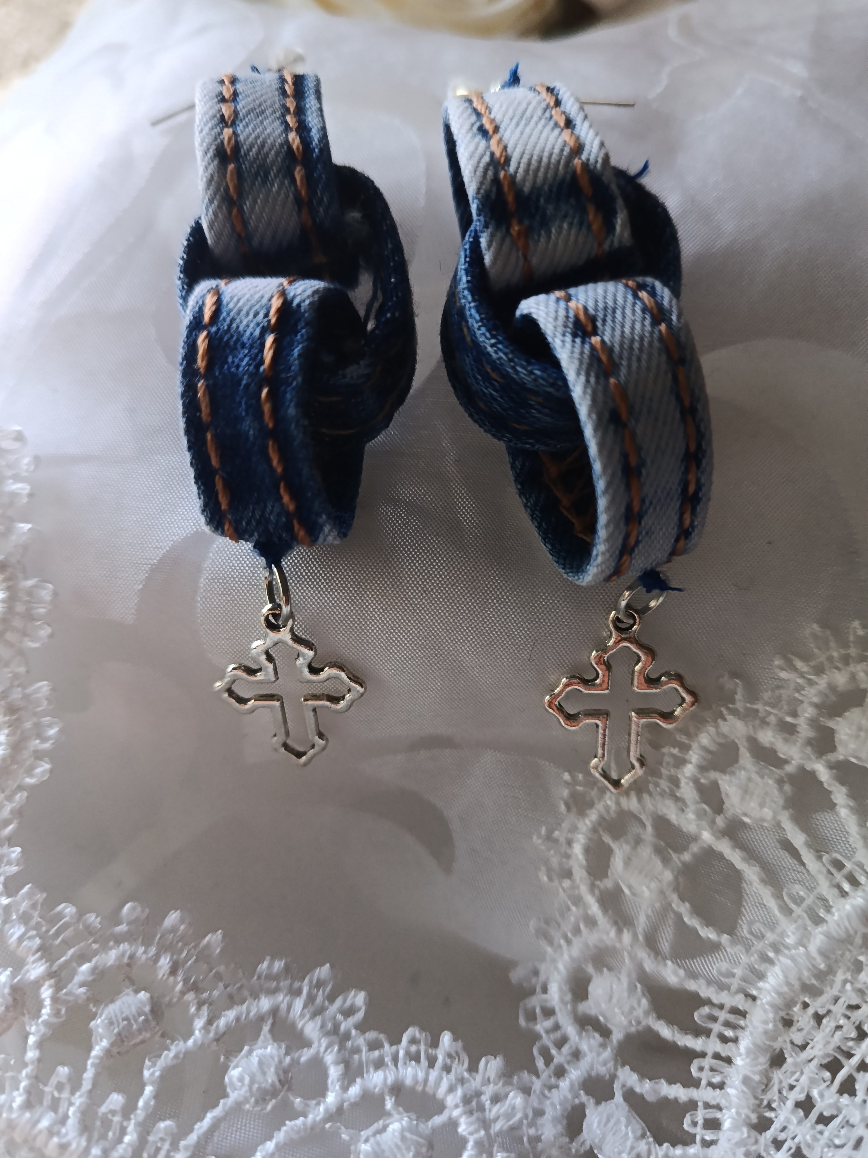 Handcrafted Upcycled Denim Loop Earrings with Silver Cross Charms, photo 2