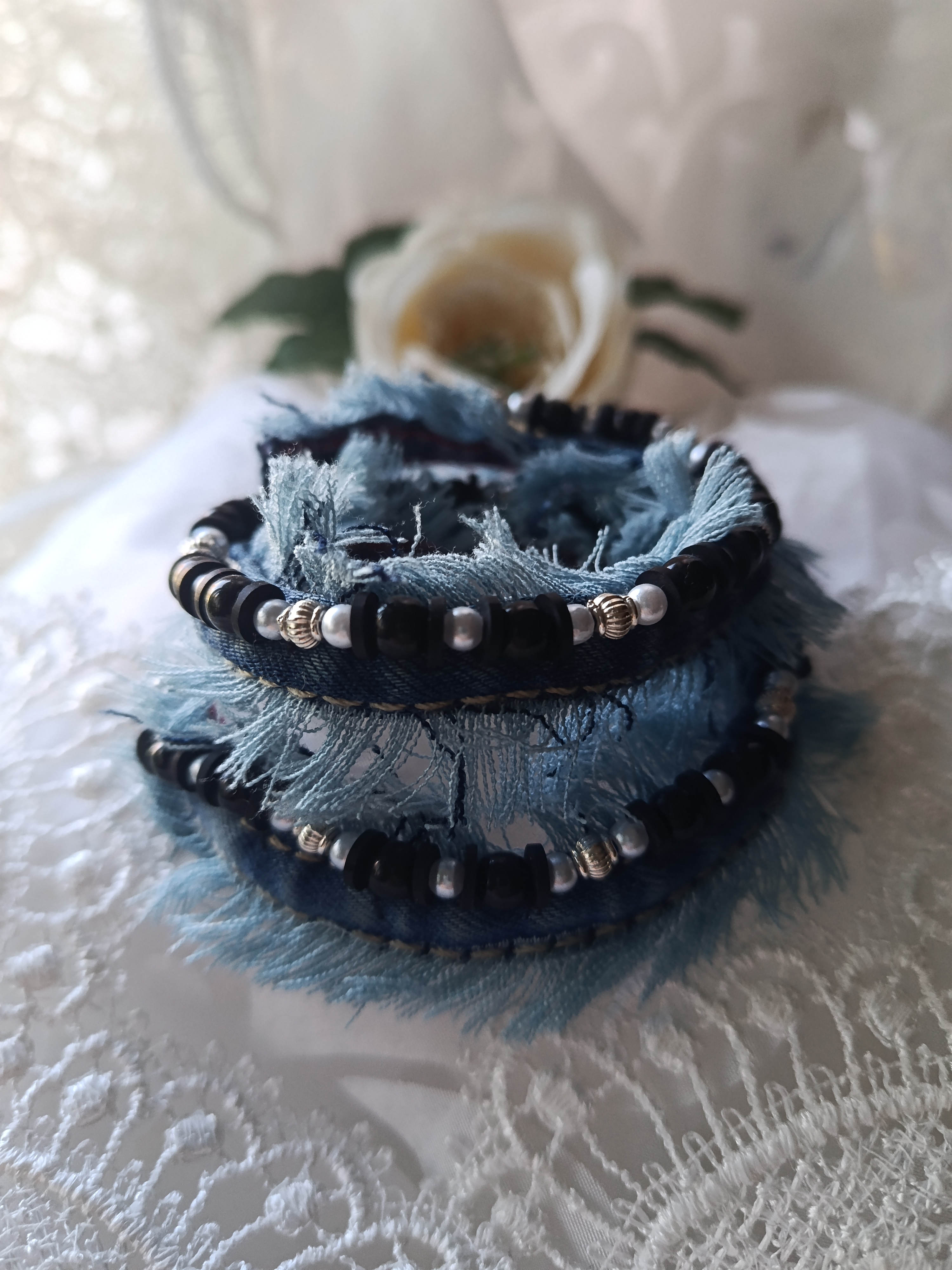 Handcrafted Upcycled Denim Wrap Bracelet with Black & Silver Beads & Wire Spirals