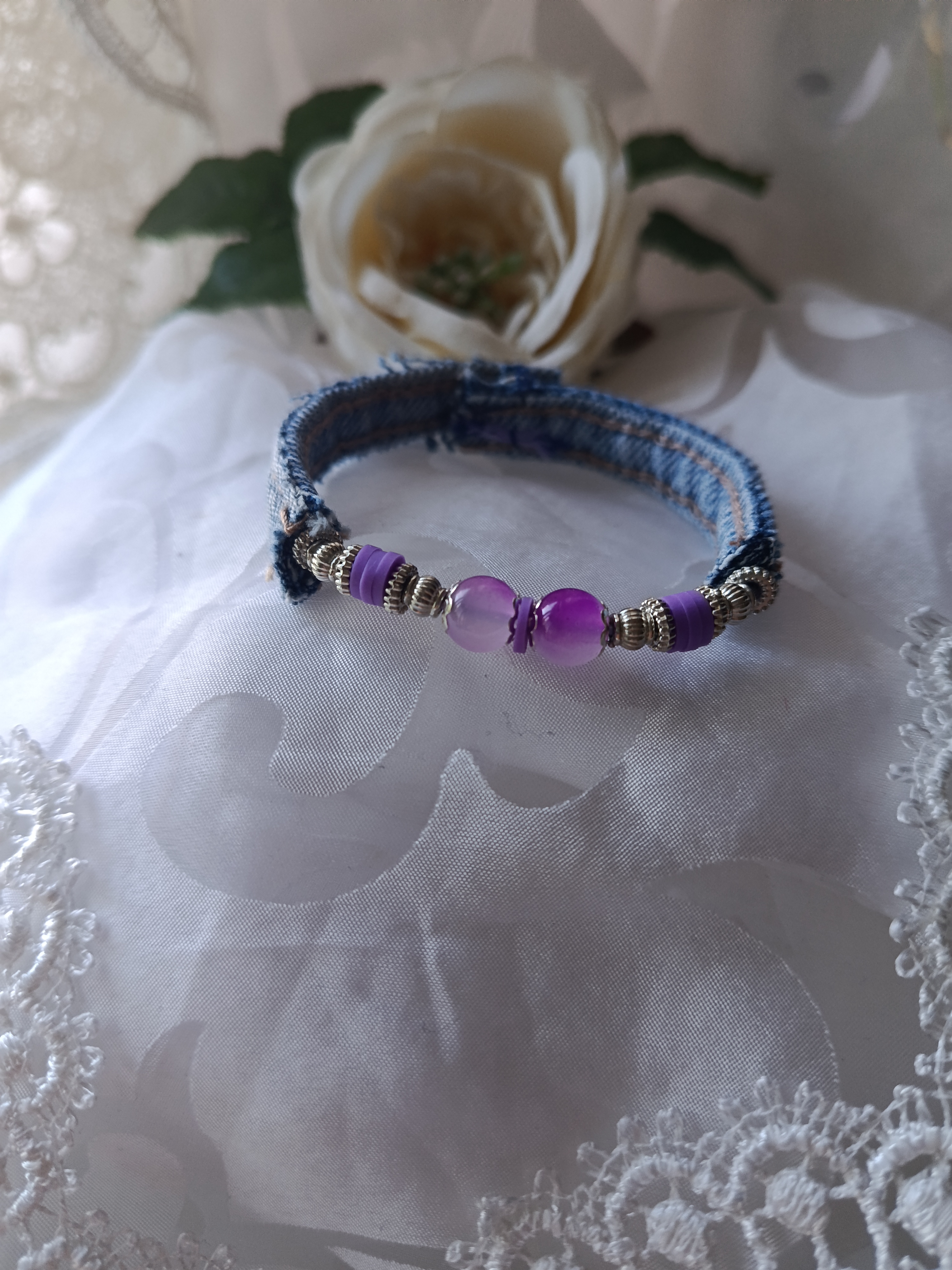 Handcrafted Slim Upcycled Denim Bracelet with Purple Agate Beads & Silver Spacers