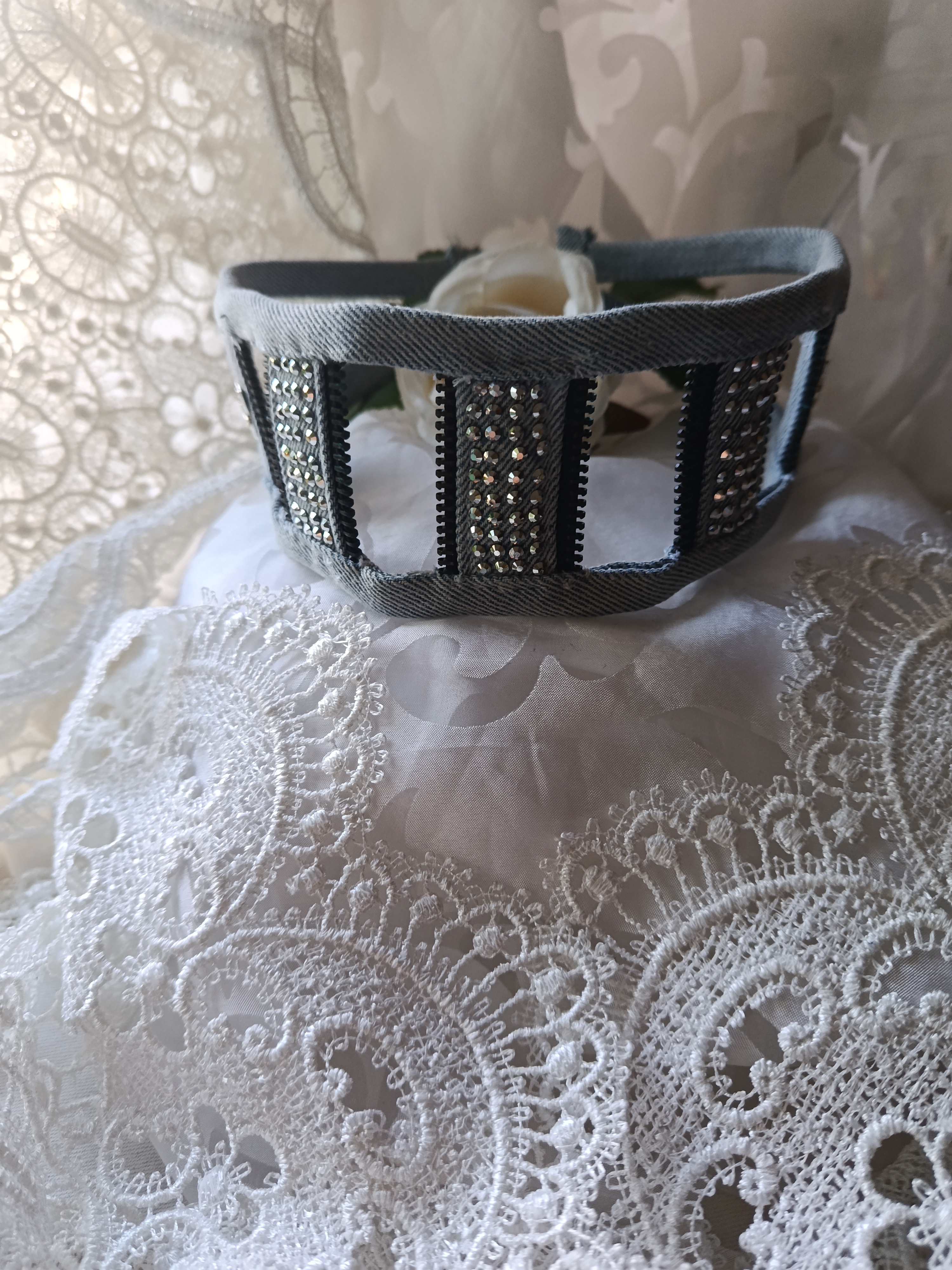 Handcrafted Upcycled Denim Cut-Out Choker Necklace with Zipper Teeth & Rhinestones
