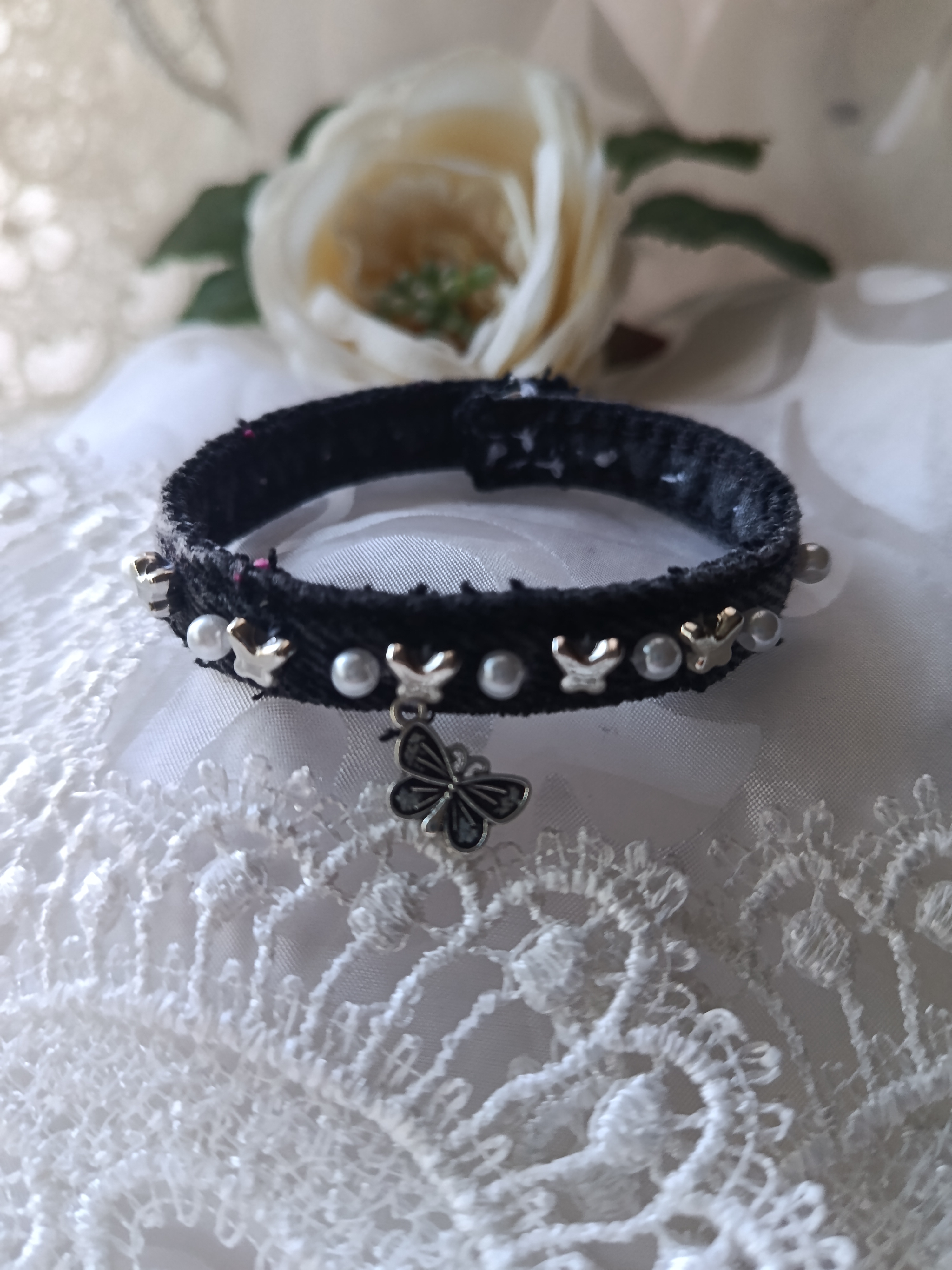 Handcrafted Slim Black Denim Bracelet with Pearls, Silver Butterfly Charm & Accents