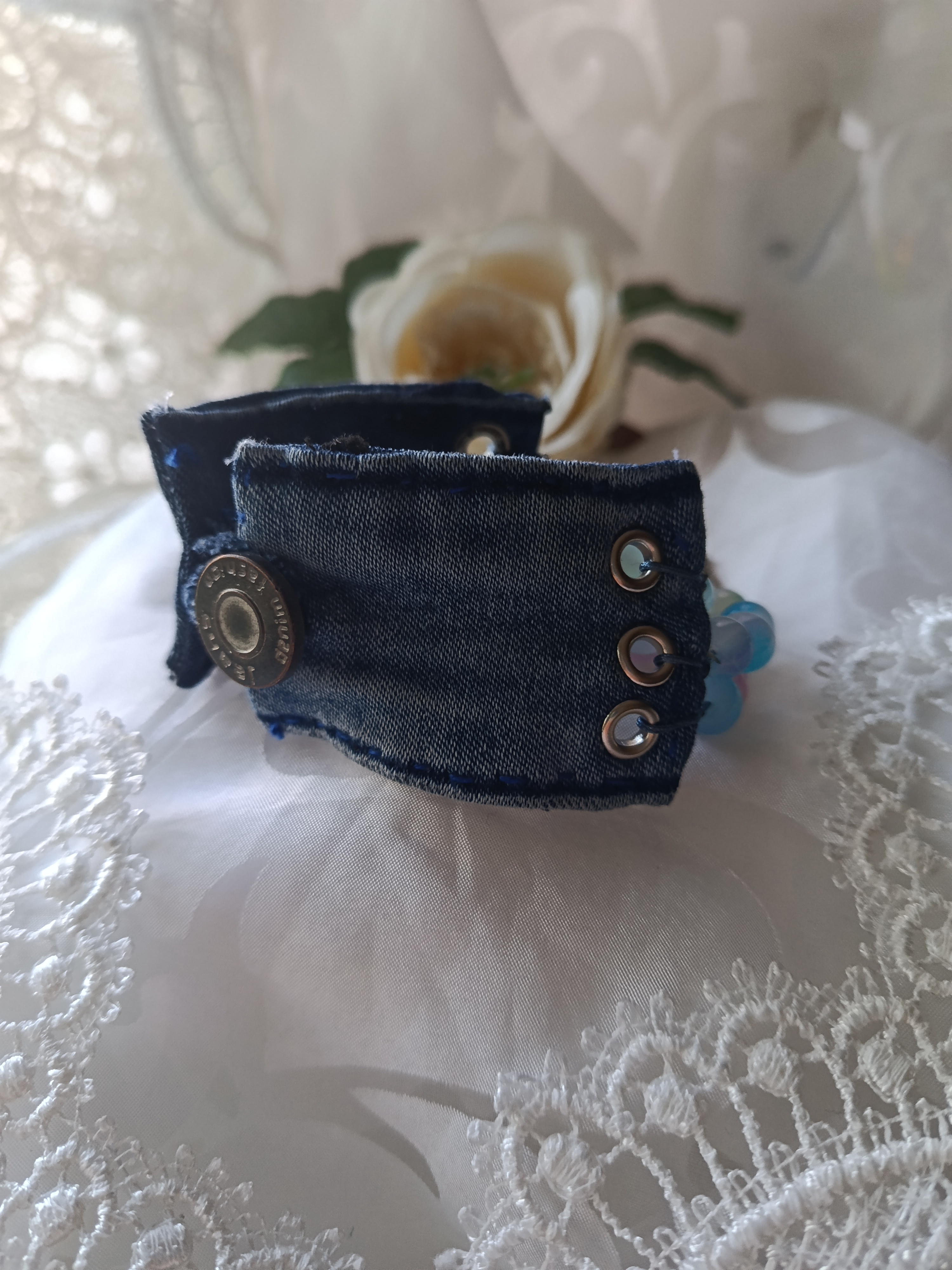 Handcrafted Upcycled Denim Cuff Bracelet with Double-Row Opaline Beads & Feather Charm, photo 2