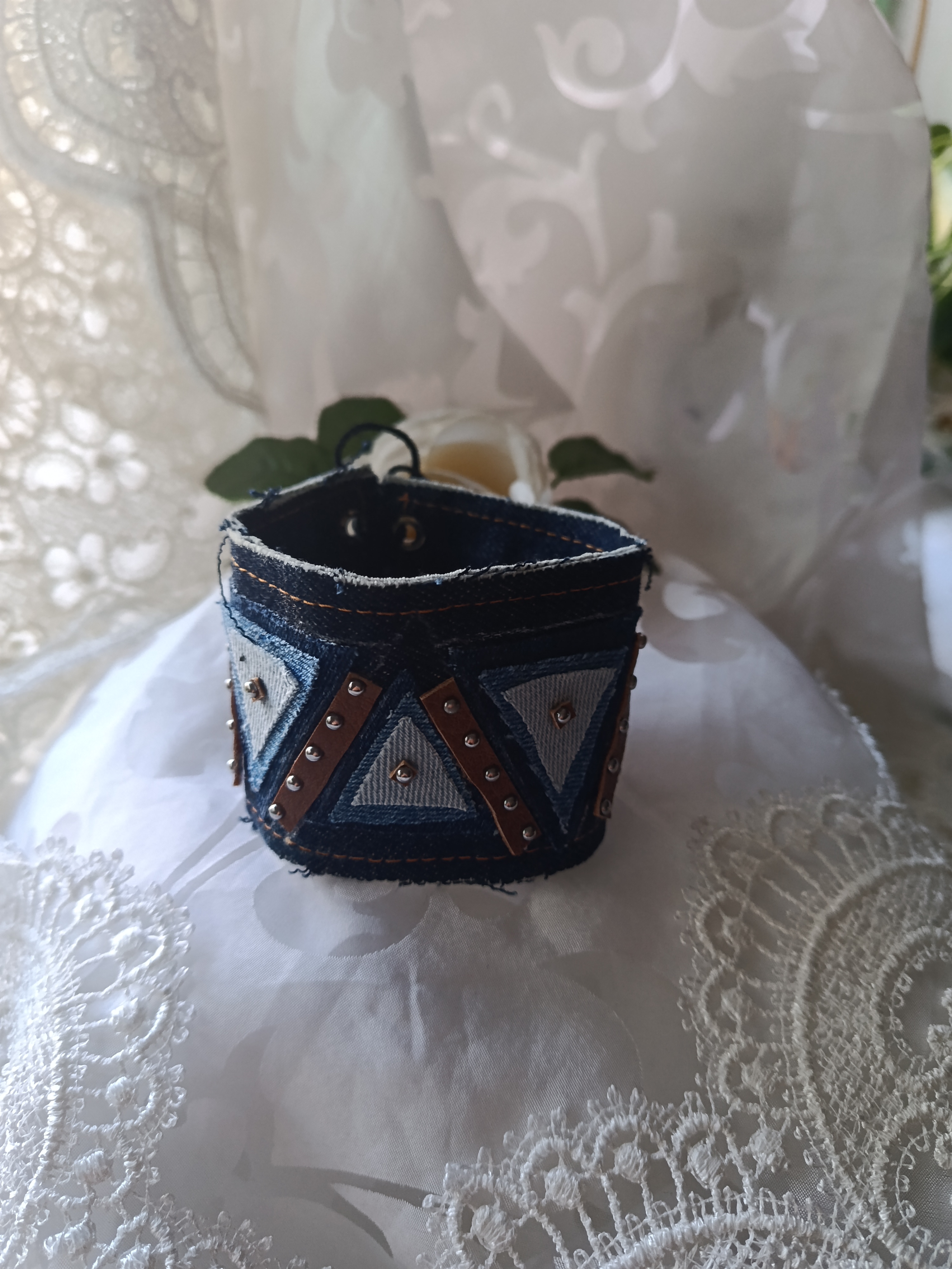 Handcrafted Men's Upcycled Denim Cuff Bracelet with Geometric Leather & Metal Rivets