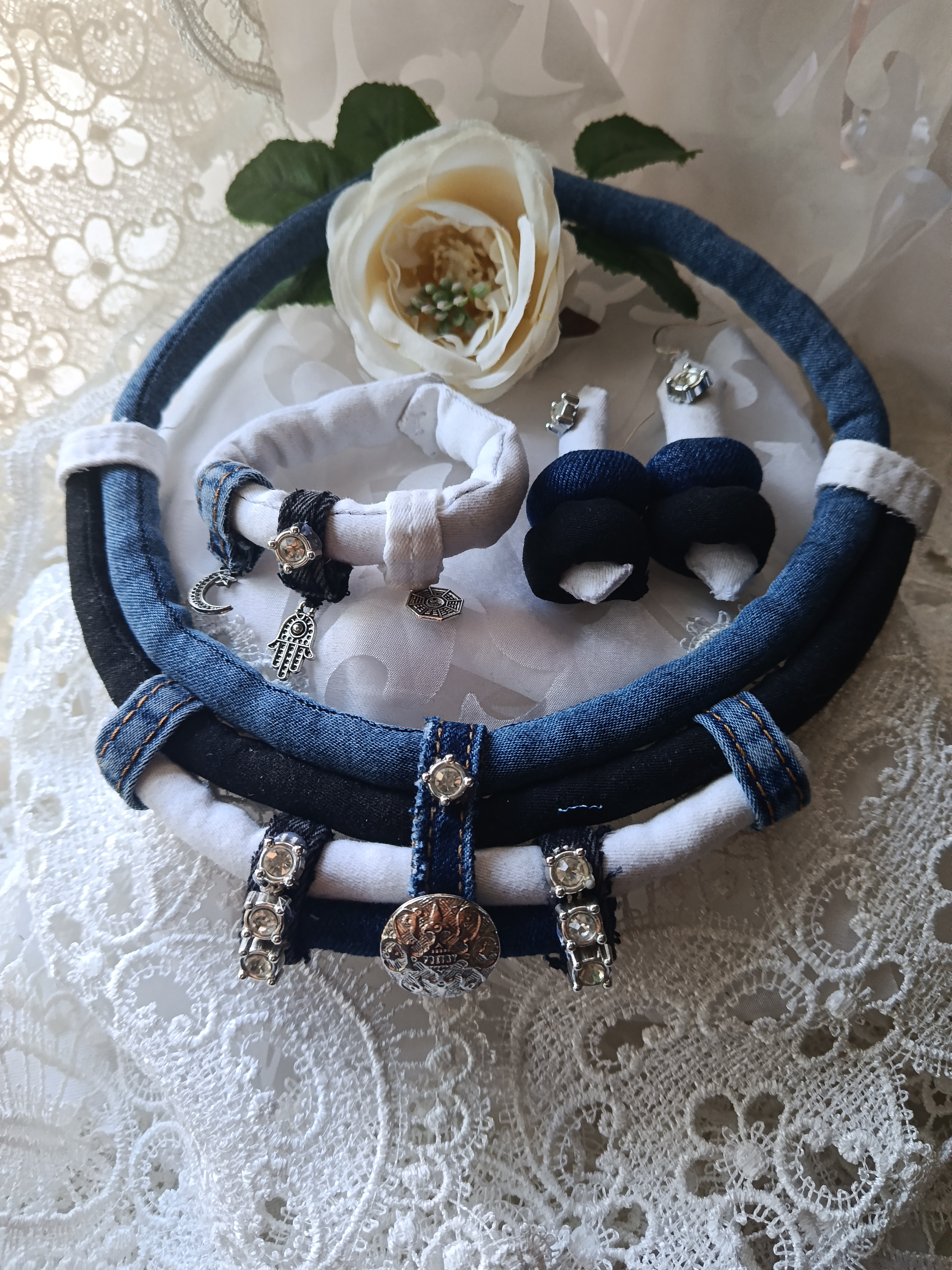 Handcrafted 3-Piece Upcycled Denim Jewelry Set: Multi-Strand Statement Necklace, Bracelet & Earrings