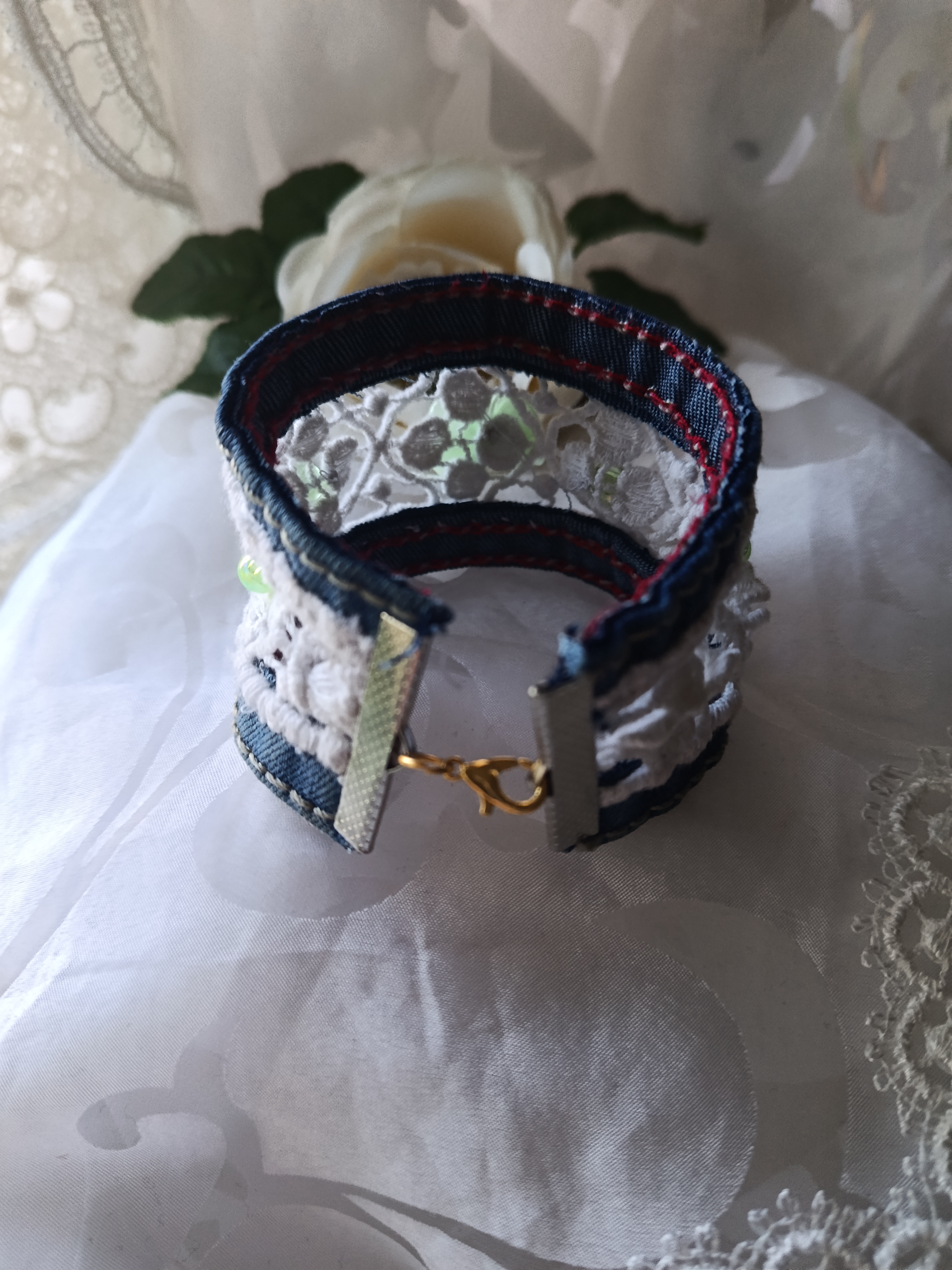 Handcrafted Upcycled Denim & White Lace Cuff Bracelet with Green Ribbon Bow, photo 2