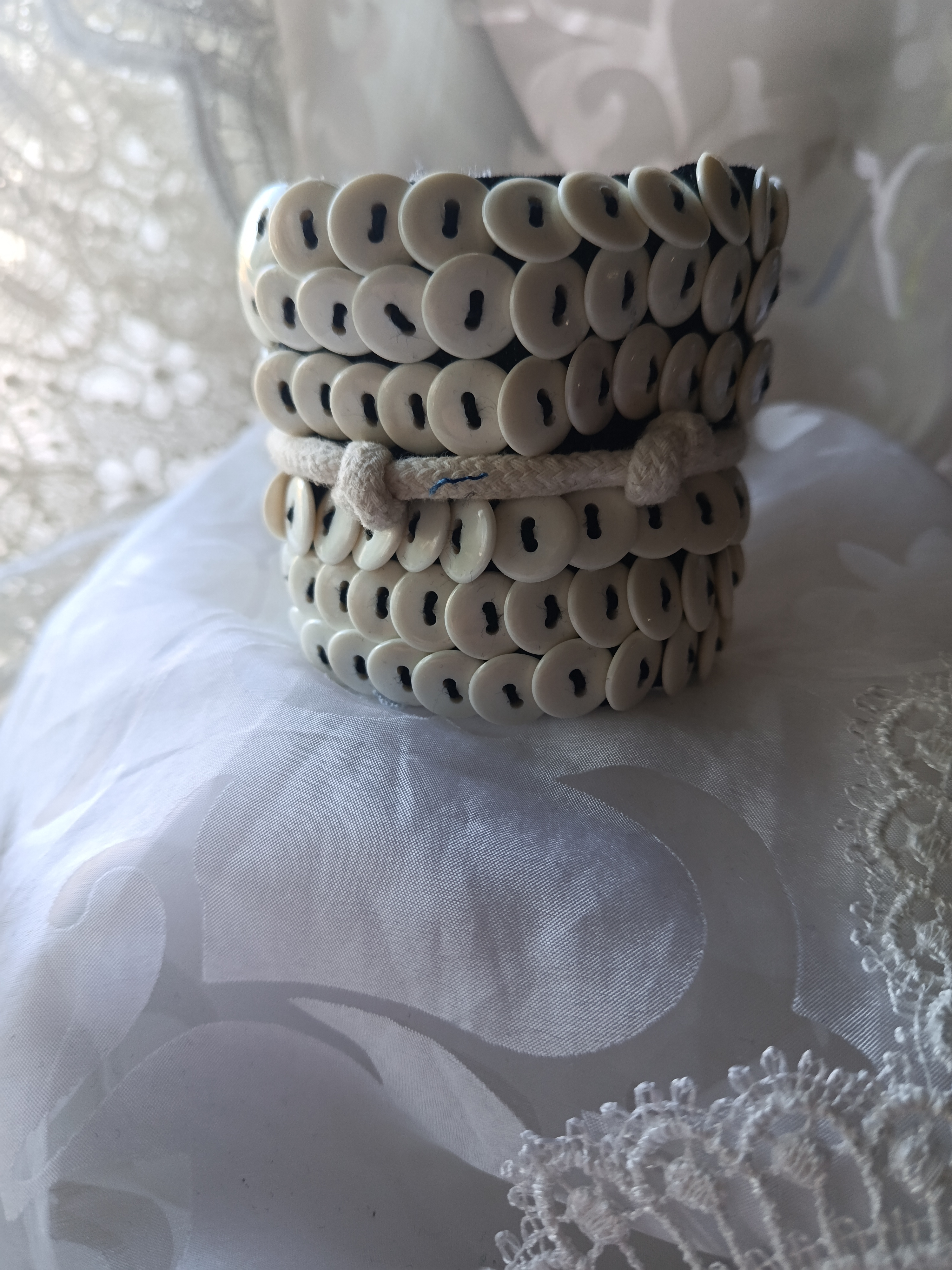 Handcrafted Upcycled Denim Statement Cuff Bracelet with Layered White Buttons