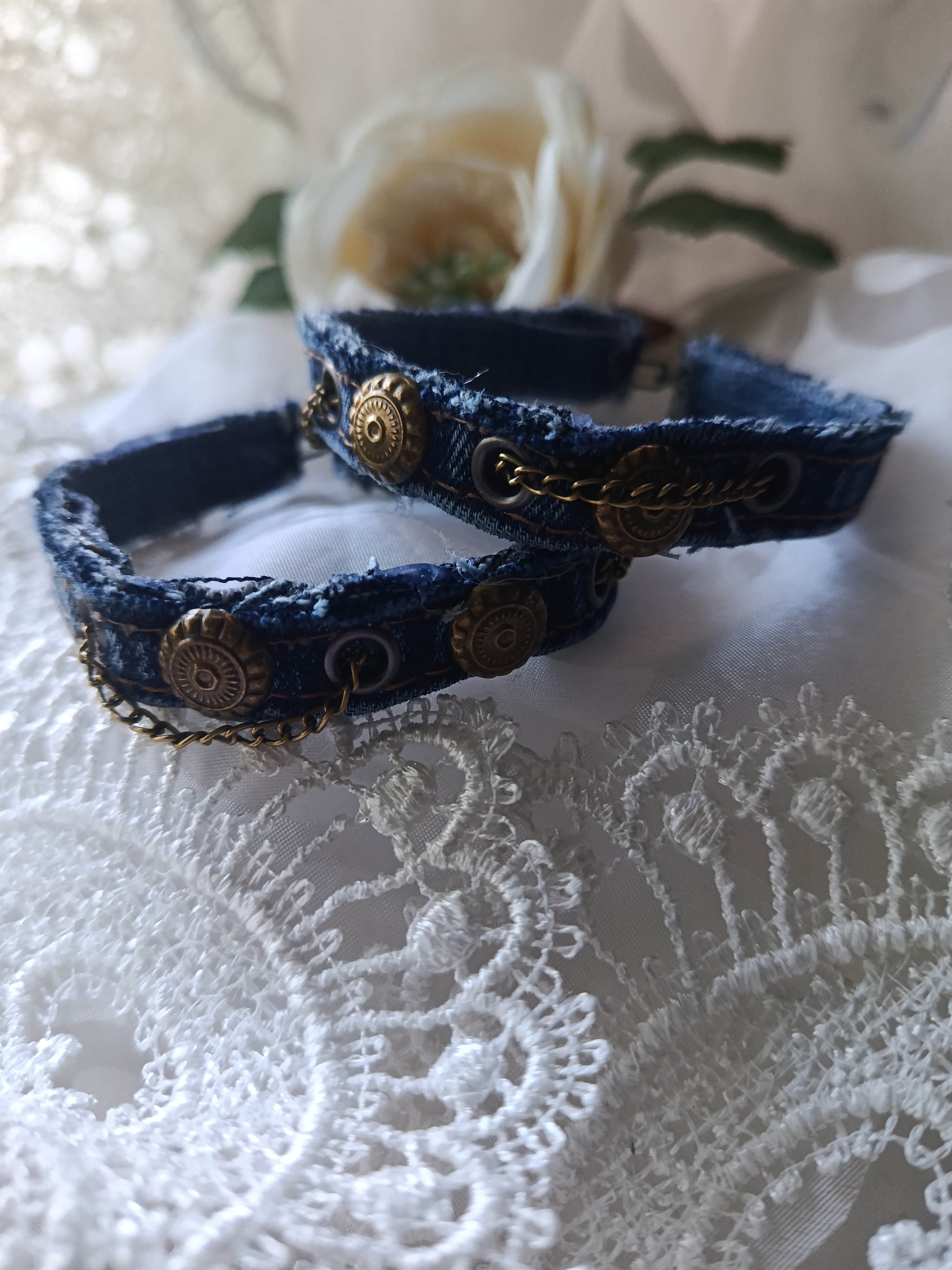 Handcrafted Father-Son Upcycled Denim Bracelet Set with Bronze Studs & Chains