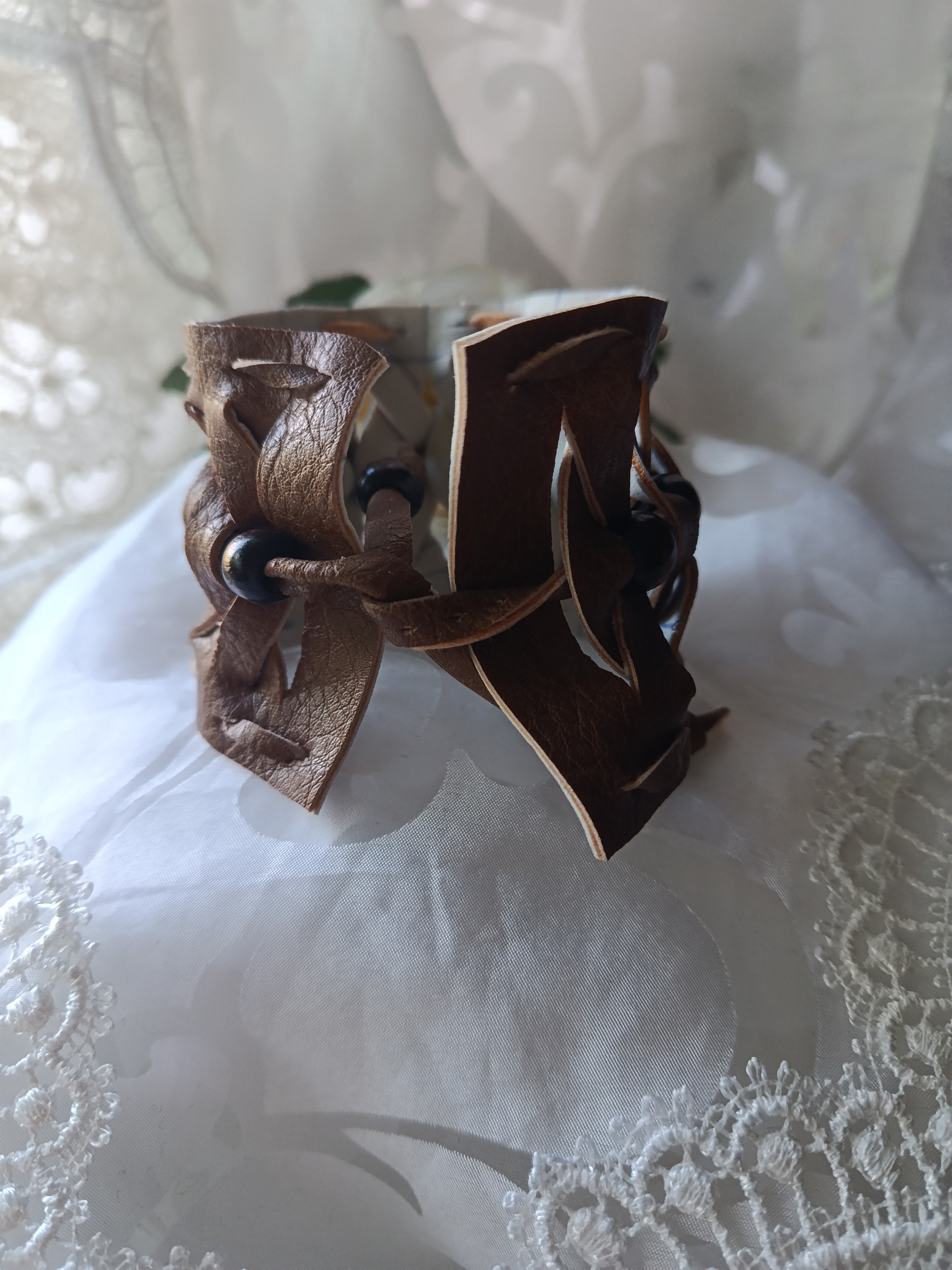 Handcrafted Men's Woven Brown Leather Cuff Bracelet with Wooden Beads, photo 2