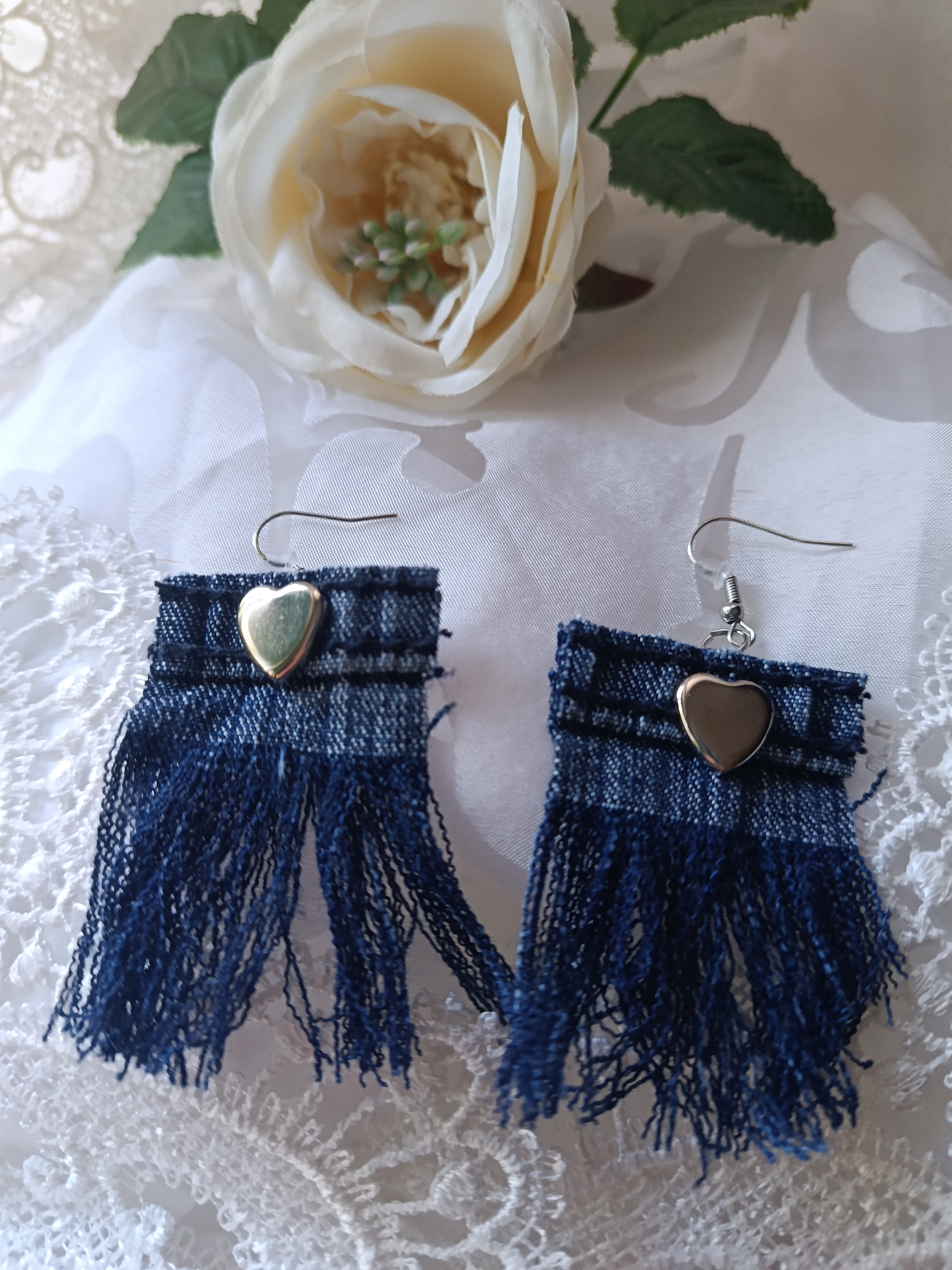 Handcrafted Upcycled Dark Denim Fringe Earrings with Silver Hearts