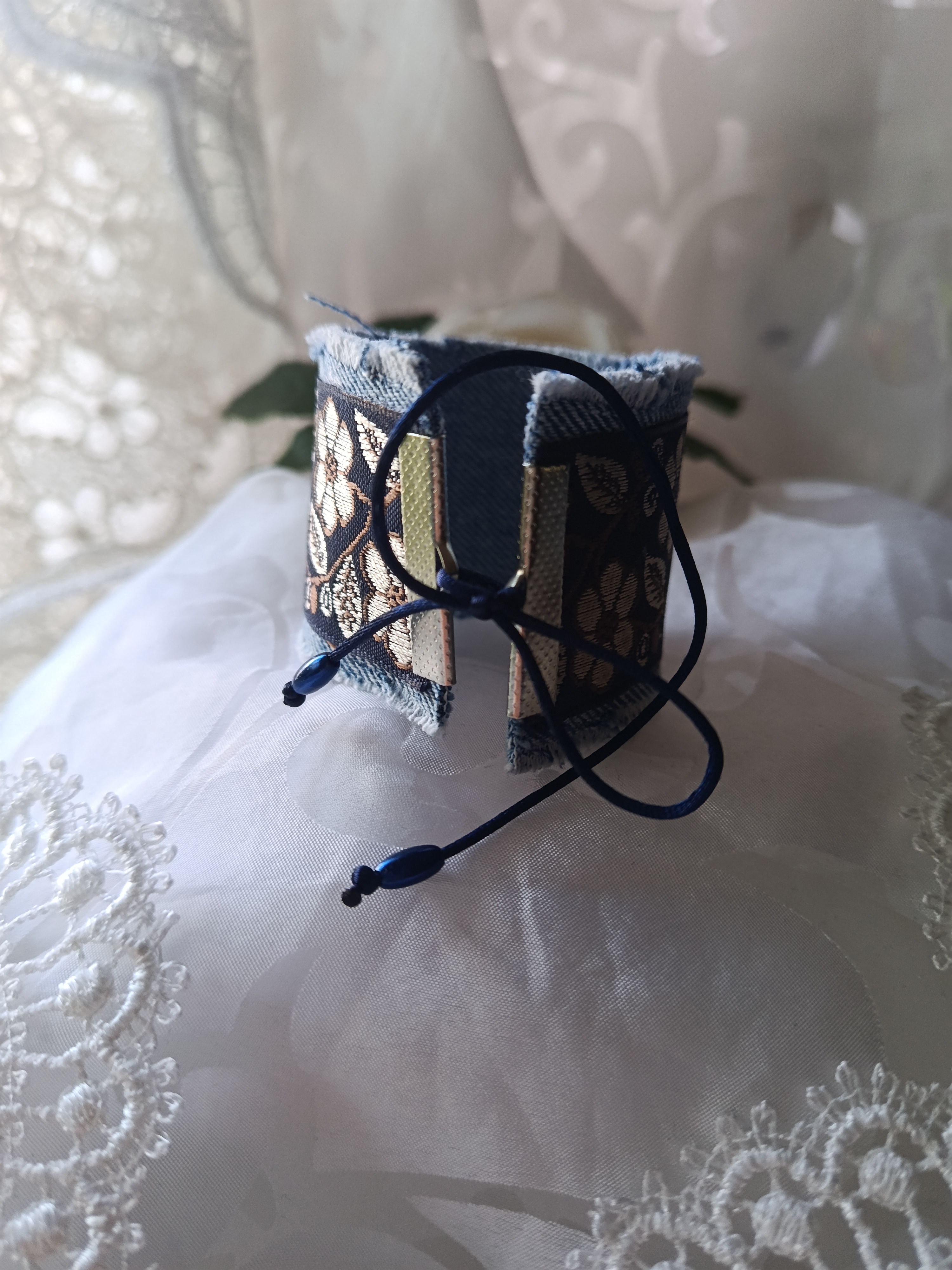 Handcrafted Upcycled Denim Cuff Bracelet with Floral Jacquard Ribbon & Tie Closure, photo 2
