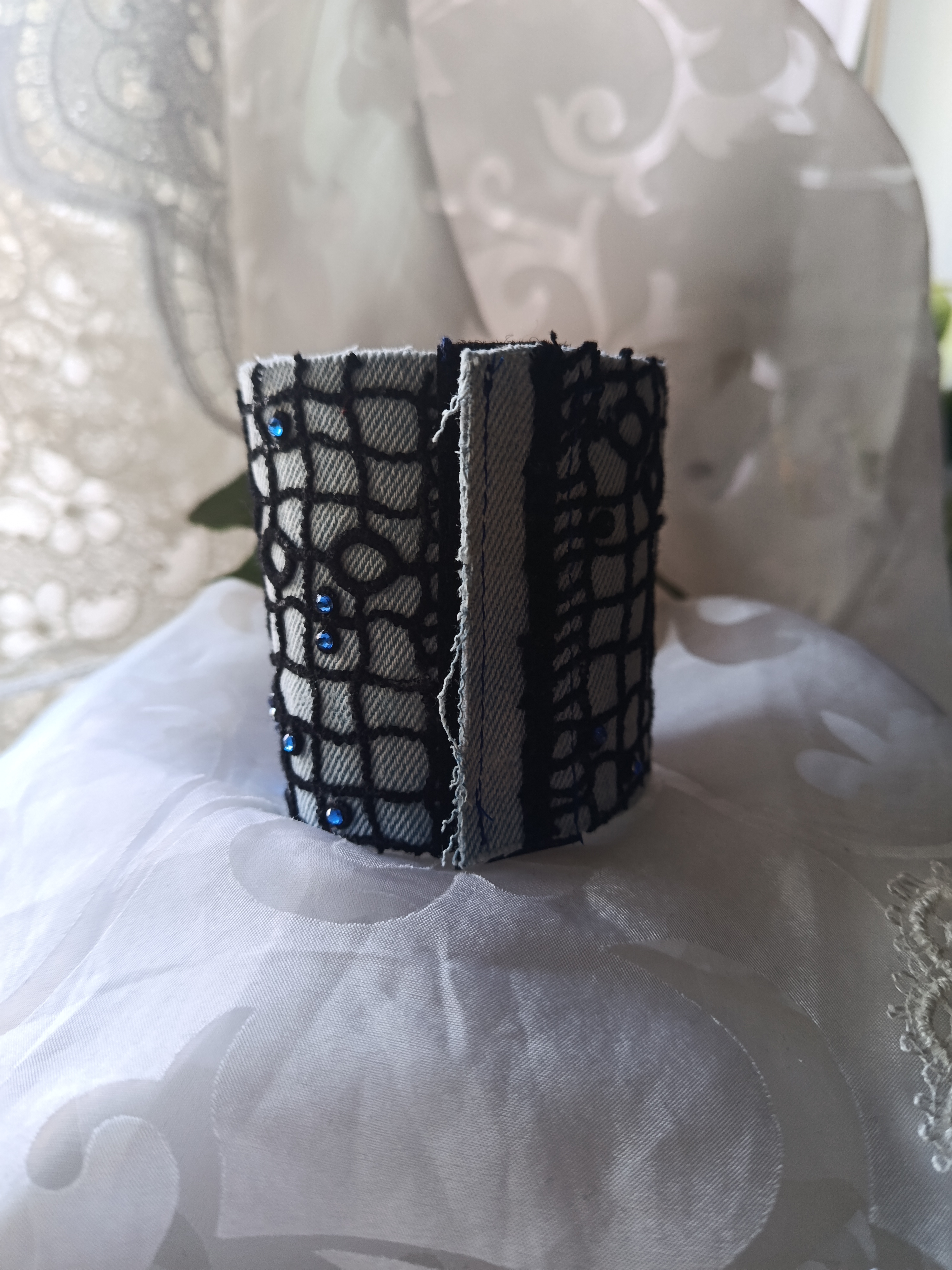 Blue Rhinestone Spiderweb Pattern Denim Bracelet, photo 3