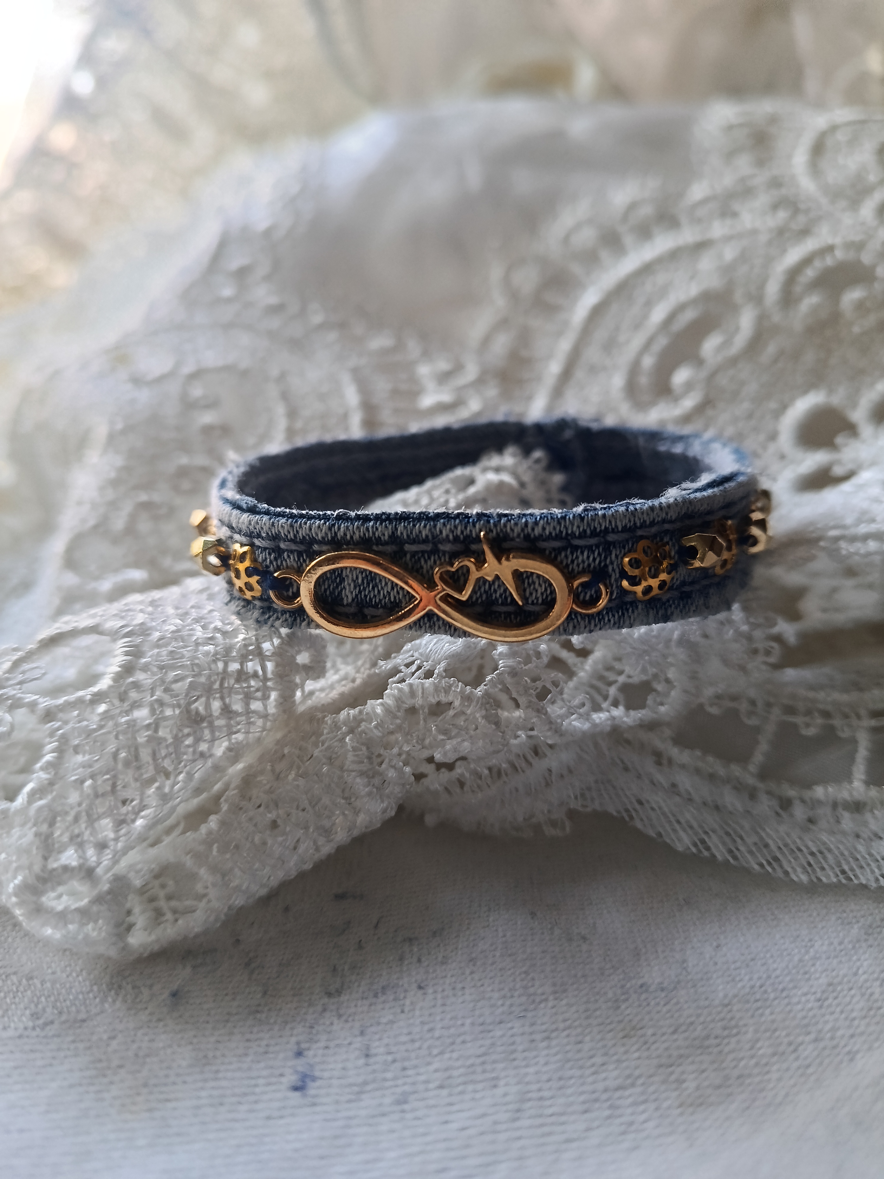 Handcrafted Upcycled Denim Bracelet with Gold Infinity Heartbeat Charm