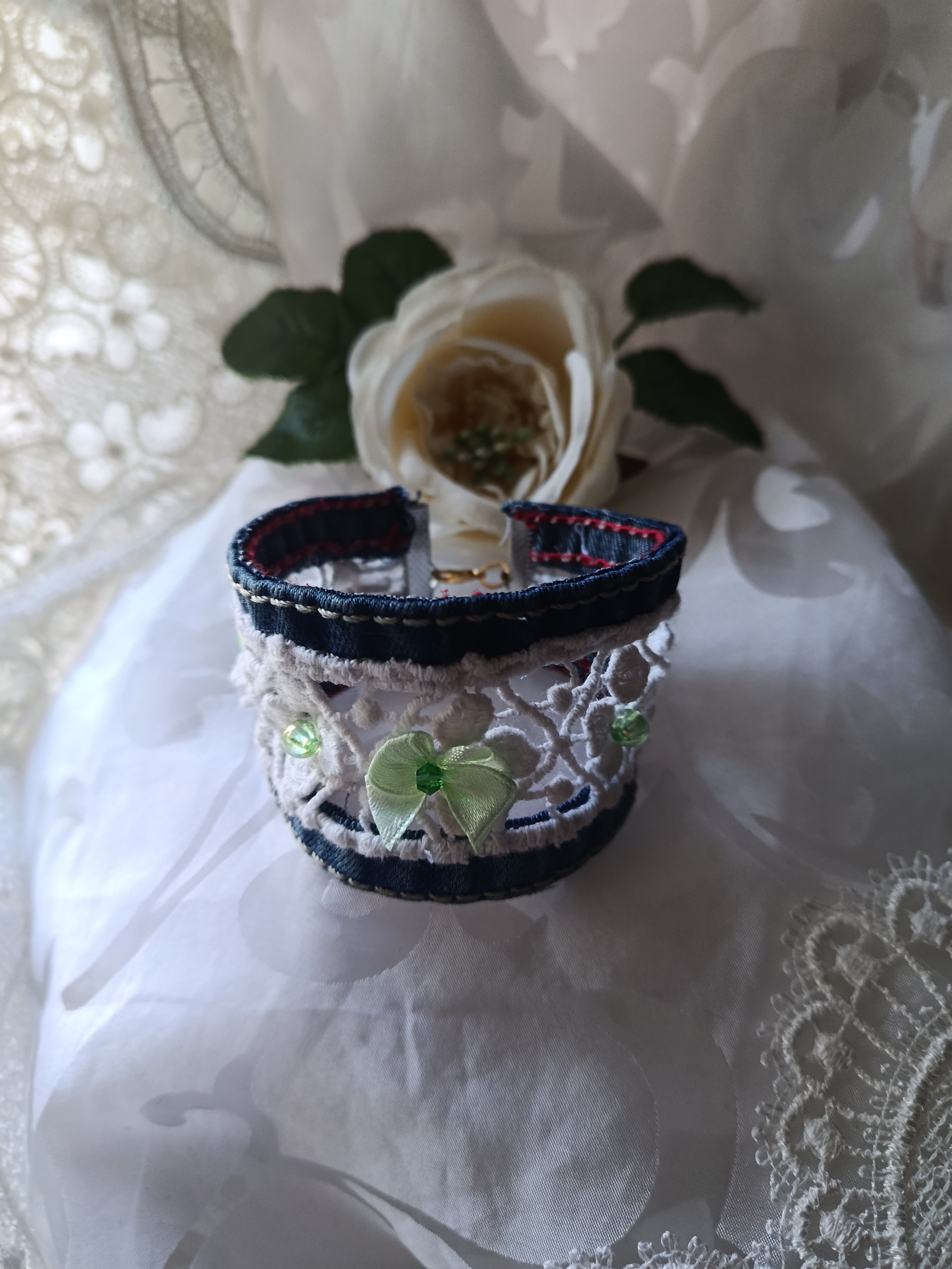 Handcrafted Upcycled Denim & White Lace Cuff Bracelet with Green Ribbon Bow