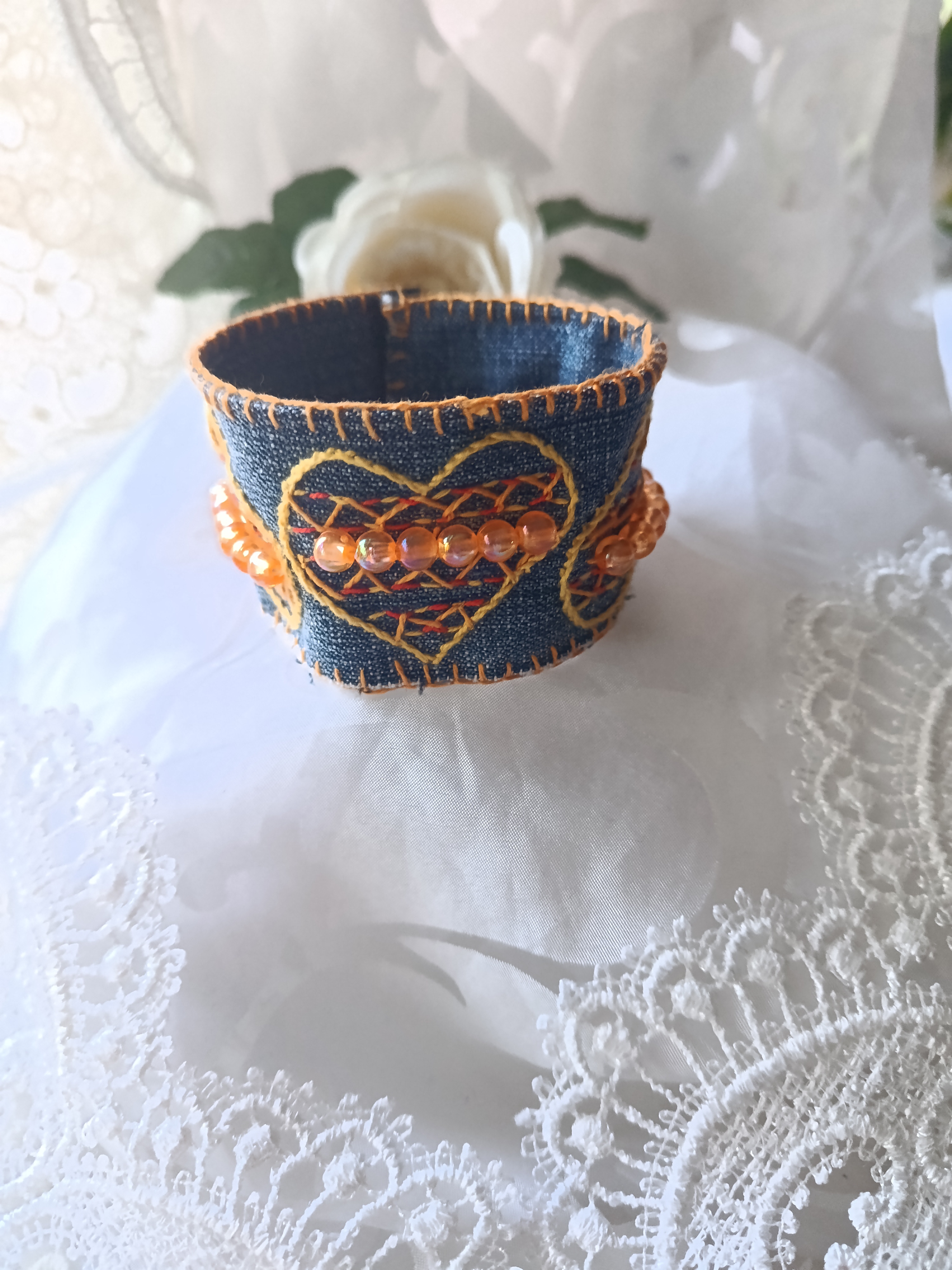 Handcrafted Upcycled Denim Cuff Bracelet with Embroidered Hearts & Orange Beads