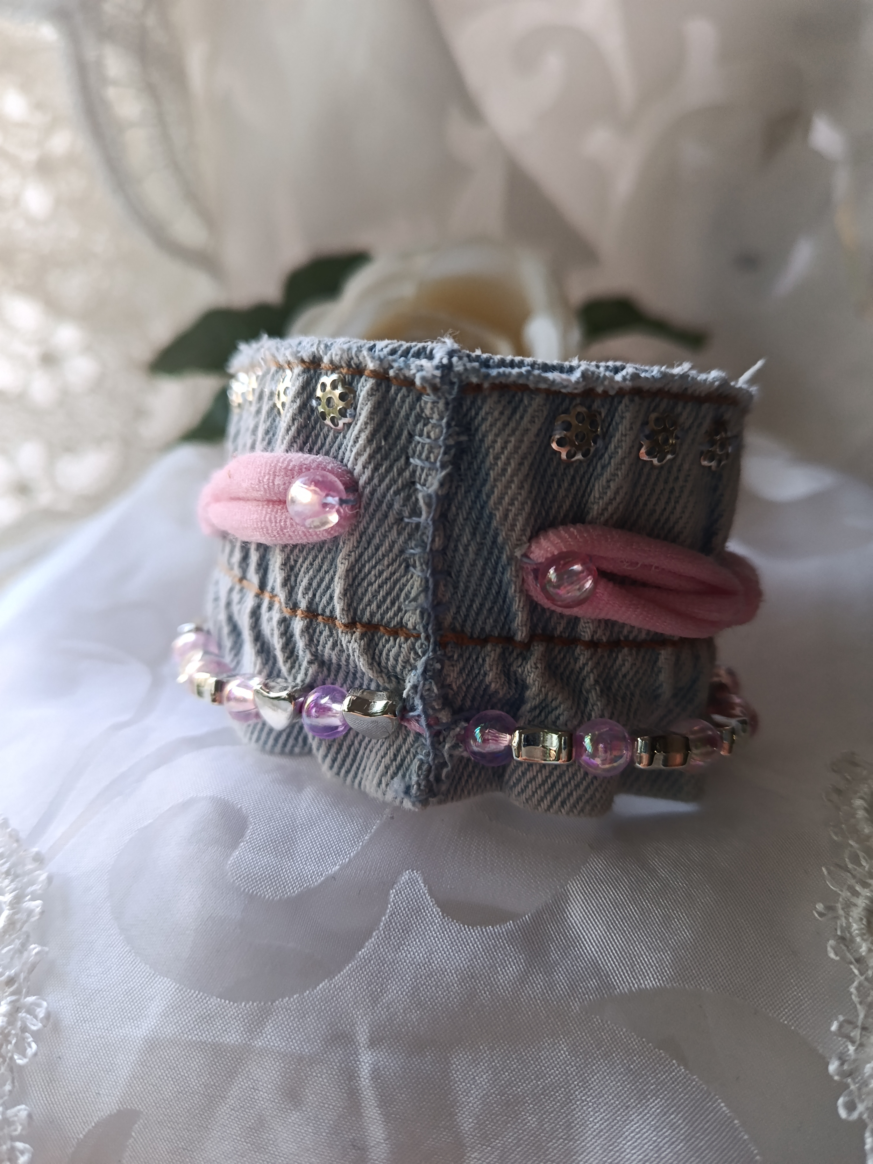 Handcrafted Upcycled Light Denim Cuff Bracelet with Pink Ribbon, Butterfly Charm & Hearts, photo 2