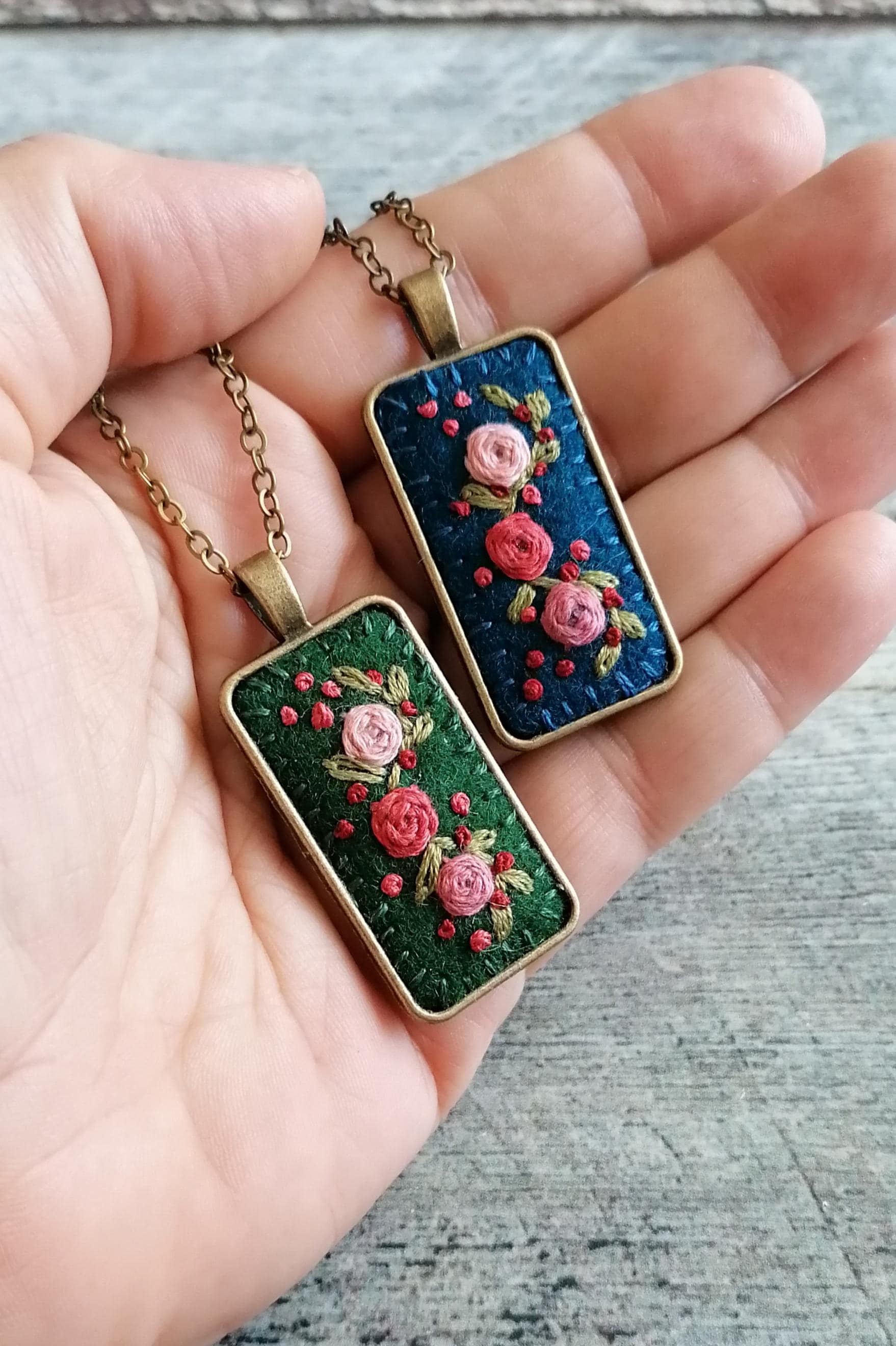 Dark Green Rectangle Embroidery Necklace, Hand Embroidered Pink Floral Rose Pendant