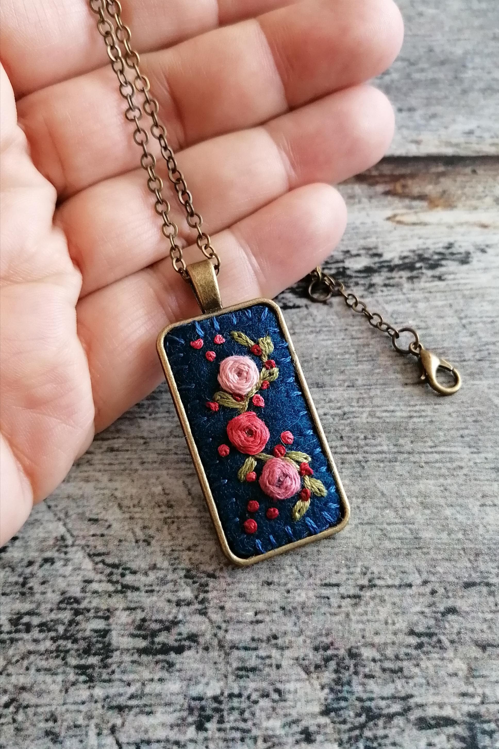 Dark Green Rectangle Embroidery Necklace, Hand Embroidered Pink Floral Rose Pendant, photo 6