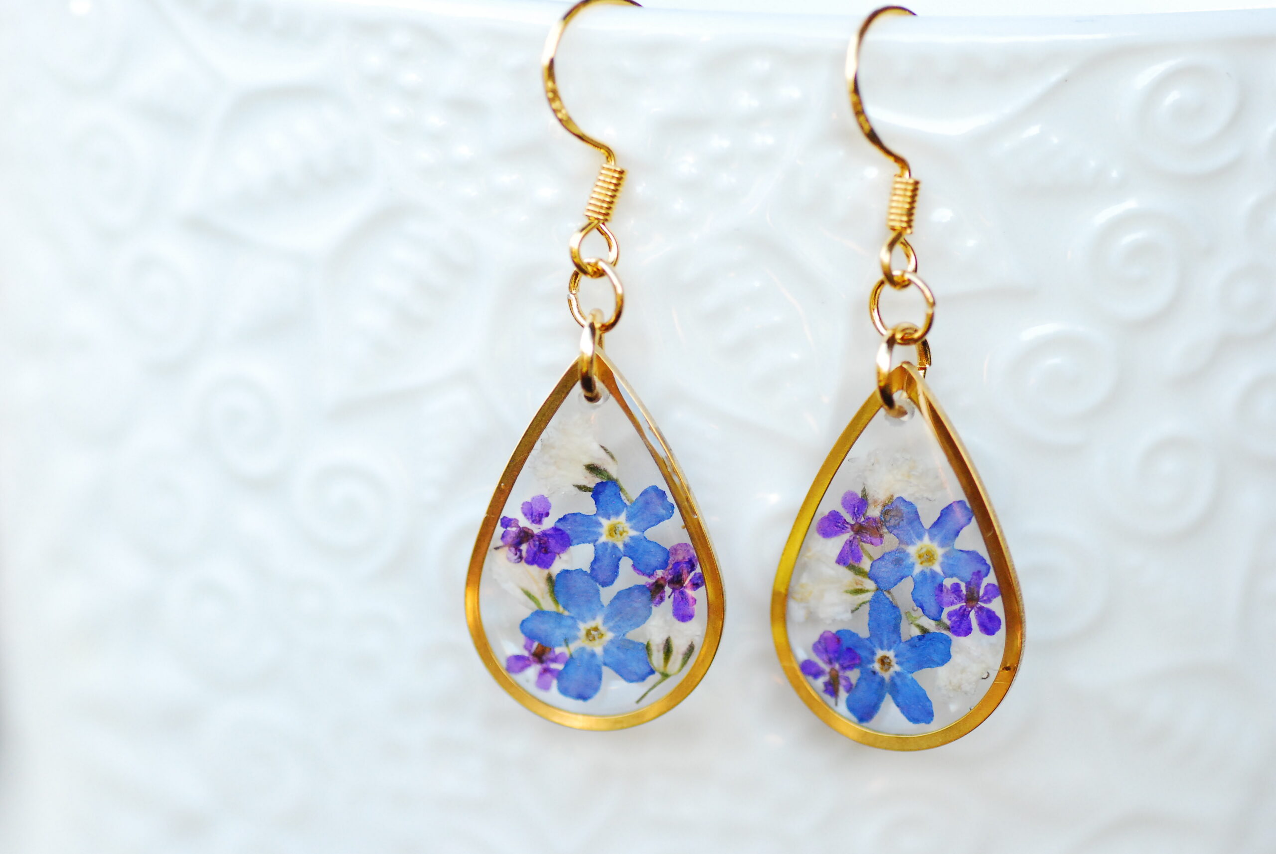 Blue Forget me Not Teardrop Earrings with Baby's Breath Pressed Flowers, photo 5