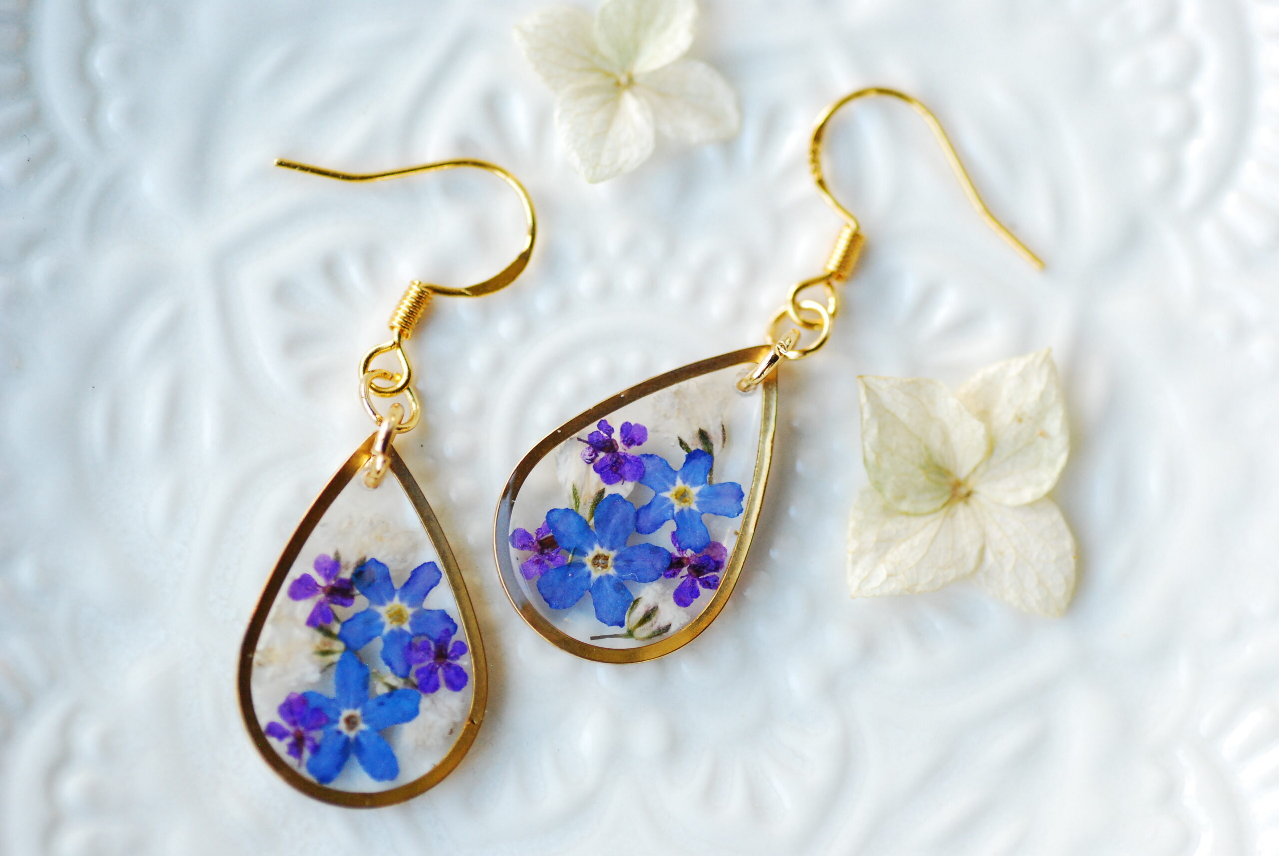 Blue Forget me Not Teardrop Earrings with Baby's Breath Pressed Flowers, photo 2