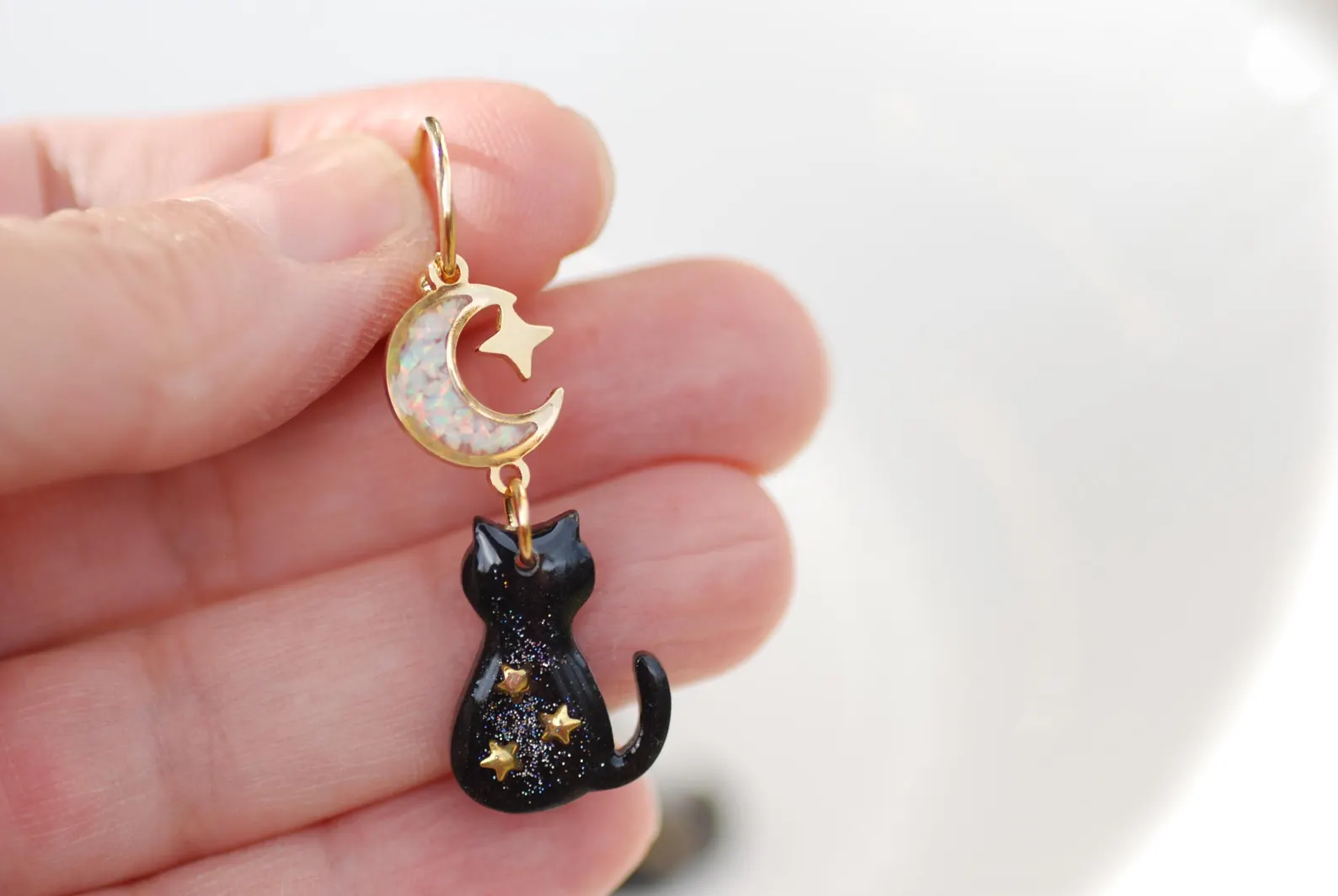 Black Cat Earrings - Galaxy Celestial Hoop Drops, photo 5