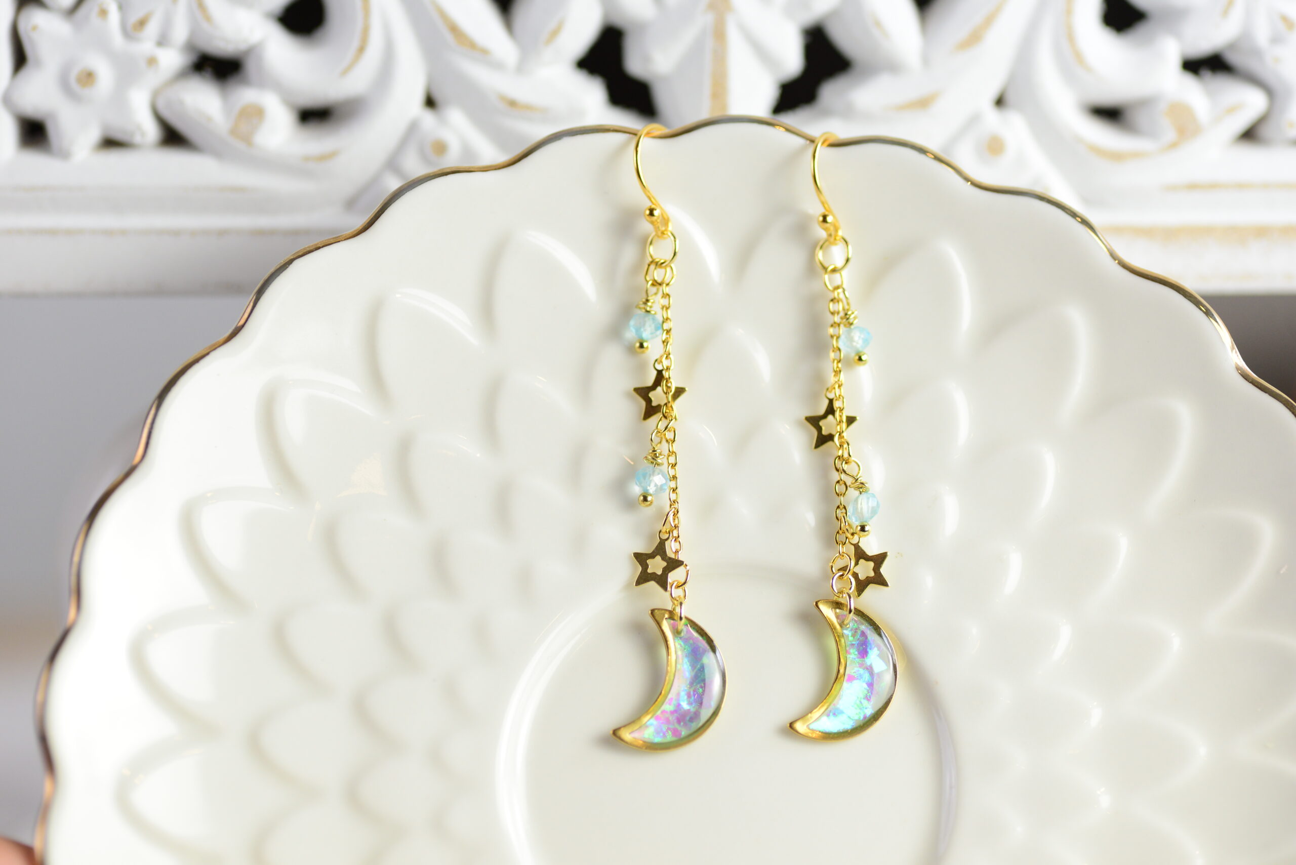 Crescent Moon Earrings With Iridescen Shards And Blue Topaz Bead, photo 3