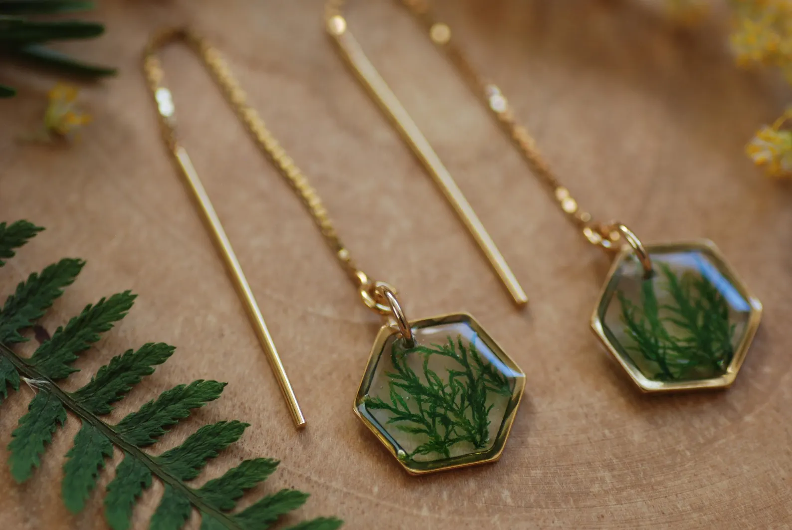 Botanical Threader Earrings - Real Moss Hexagon Chain Drops