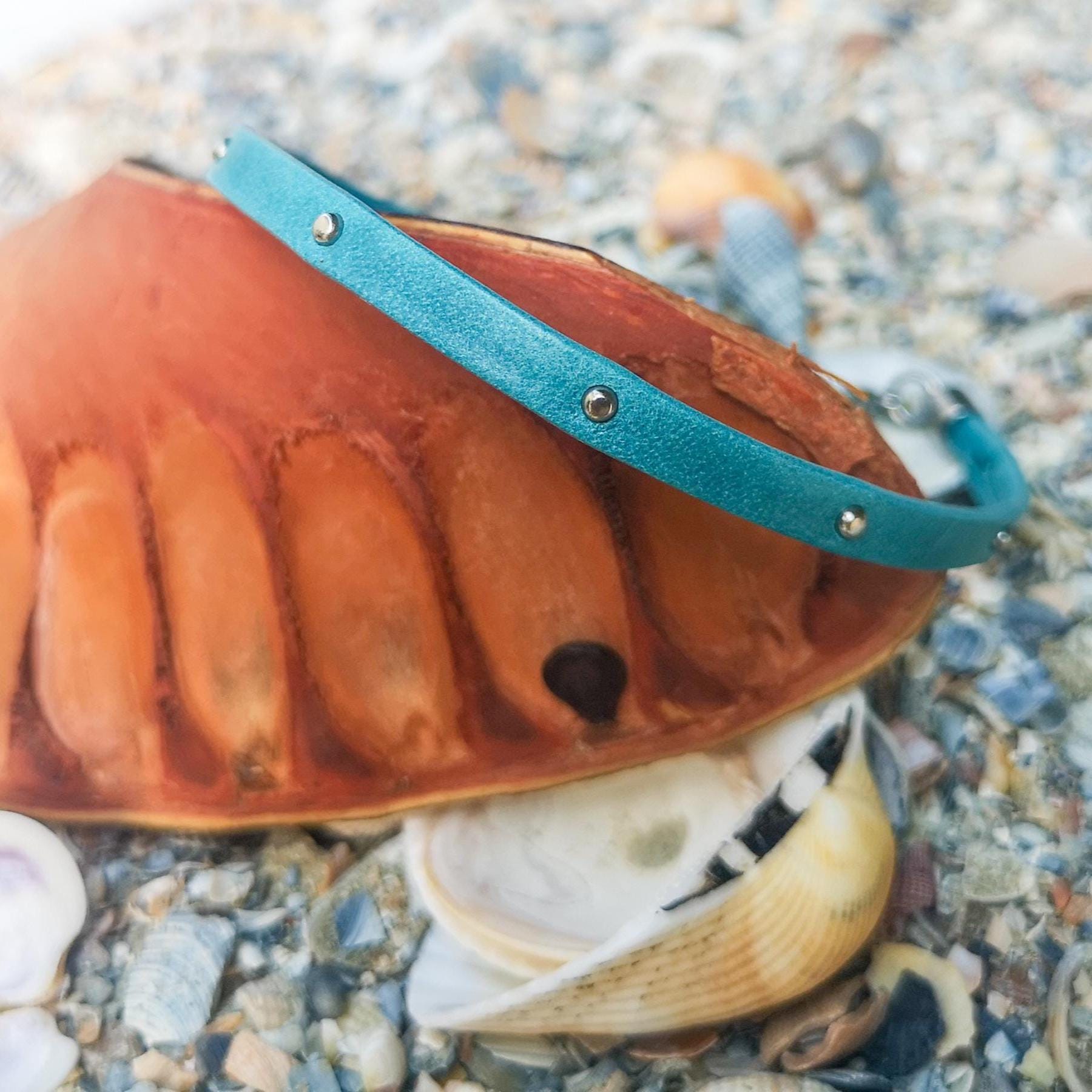 Minimalist genuine leather bracelet with rivets, turquoise wristband