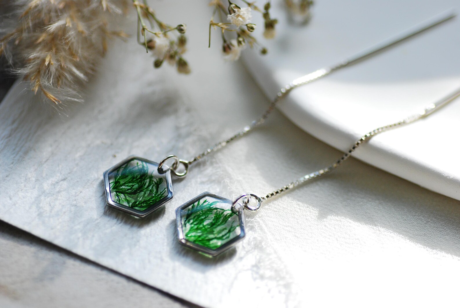 Botanical Threader Earrings - Real Moss Hexagon Chain Drops, photo 4