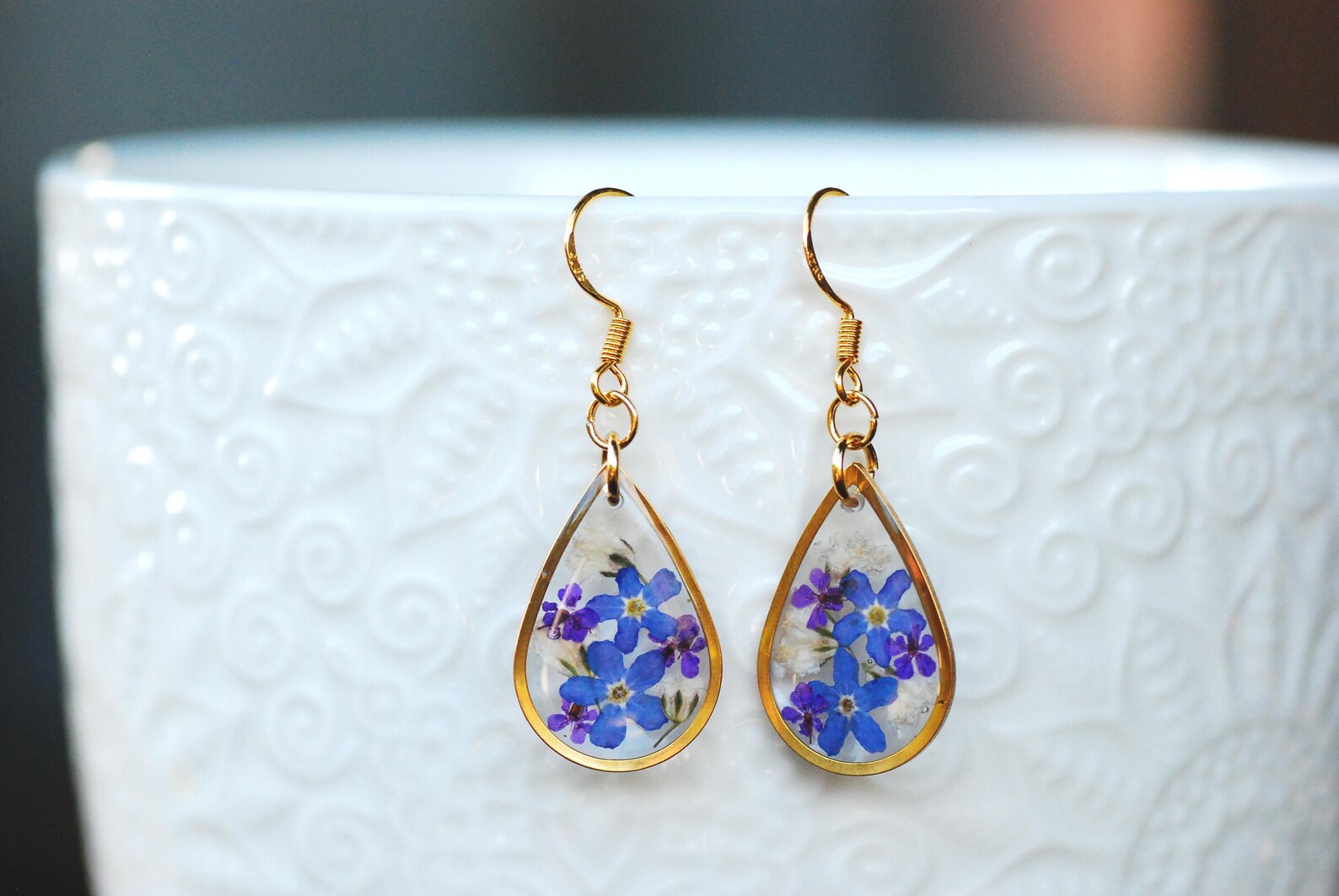 Blue Forget me Not Teardrop Earrings with Baby's Breath Pressed Flowers, photo 3