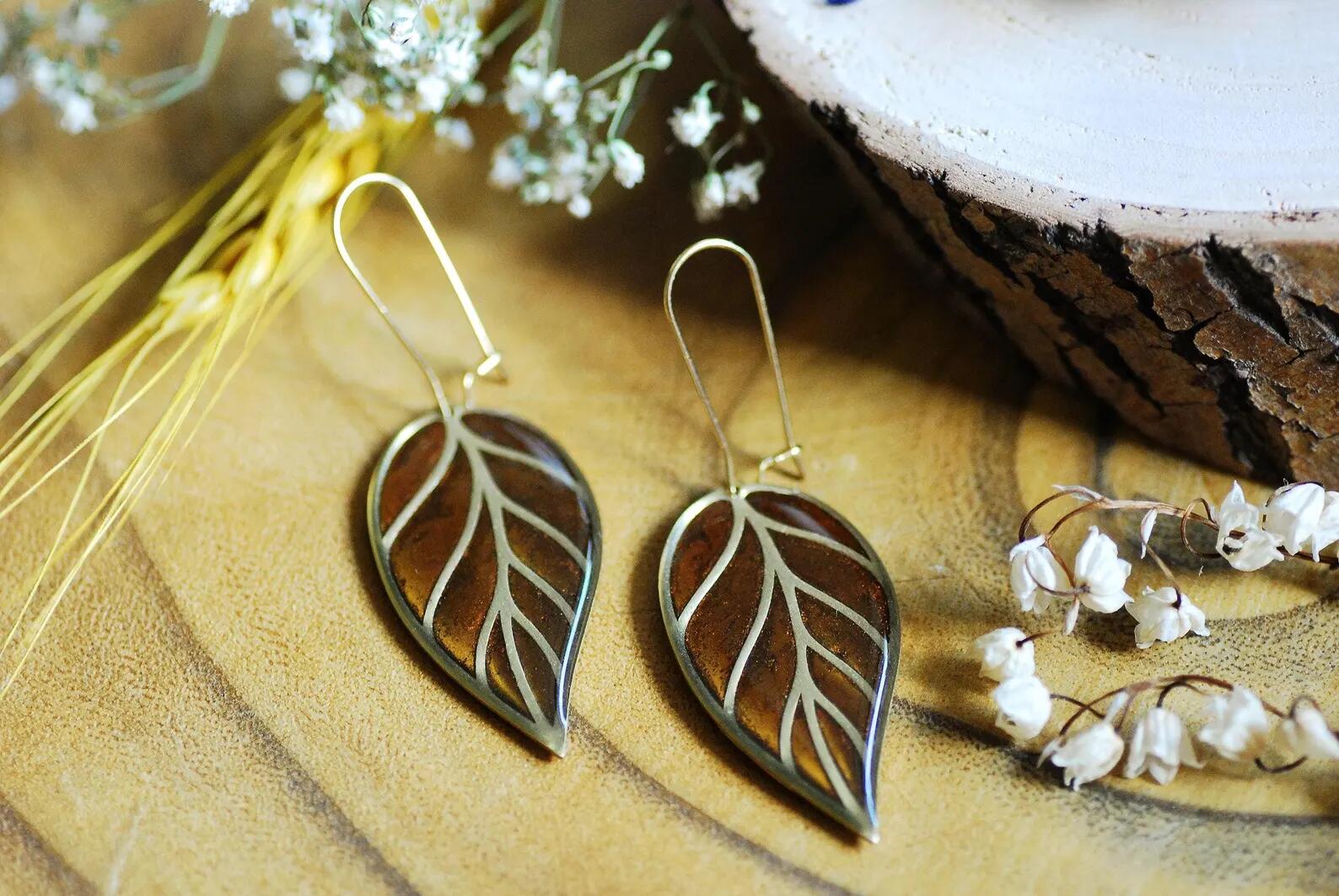 Botanical Gold Leaf Earrings - Shifting Bronze and Gold Leaf Dangles, photo 6