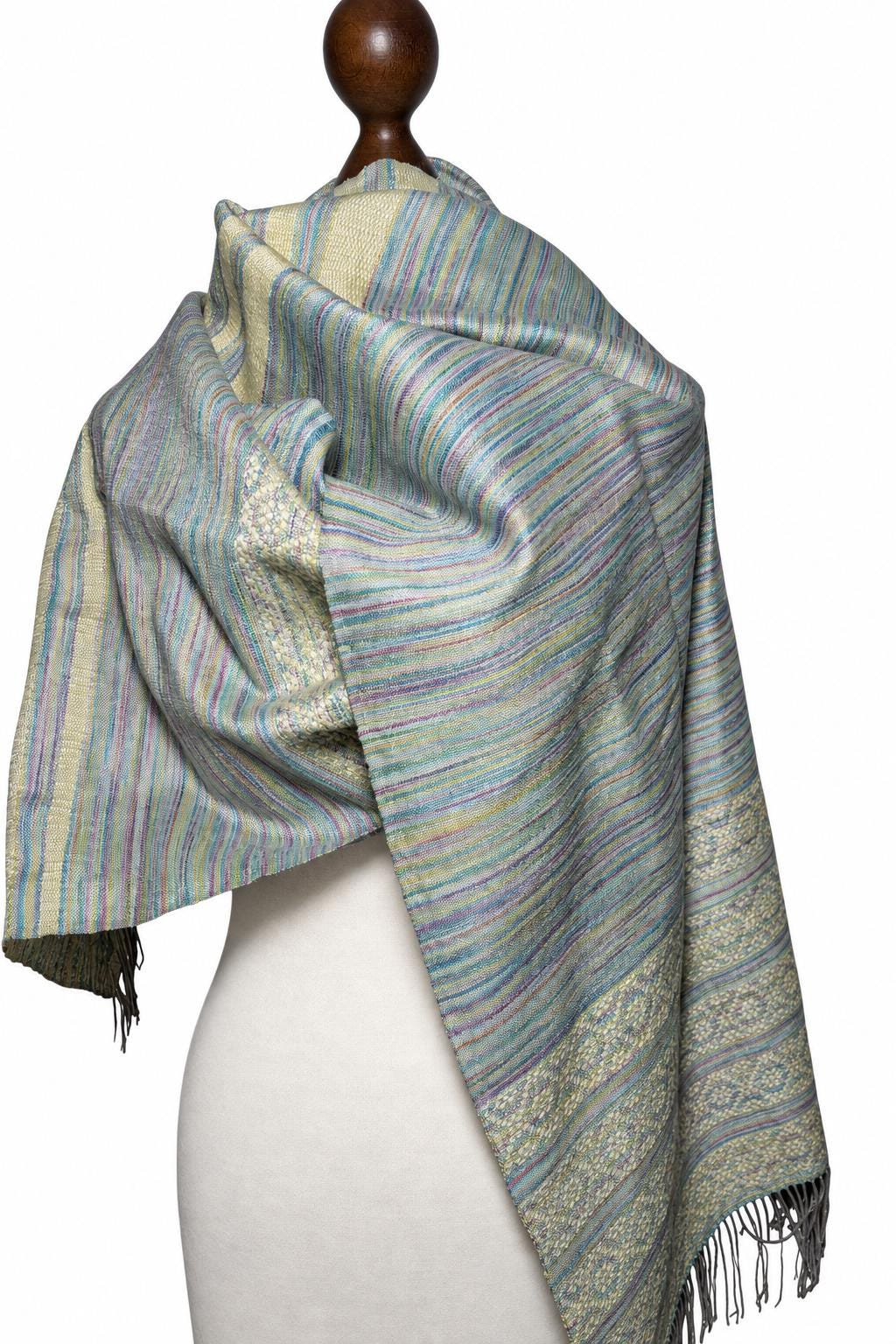 Handwoven Silk Scarf: Green Blue Yellow Floral Shawl Wrap