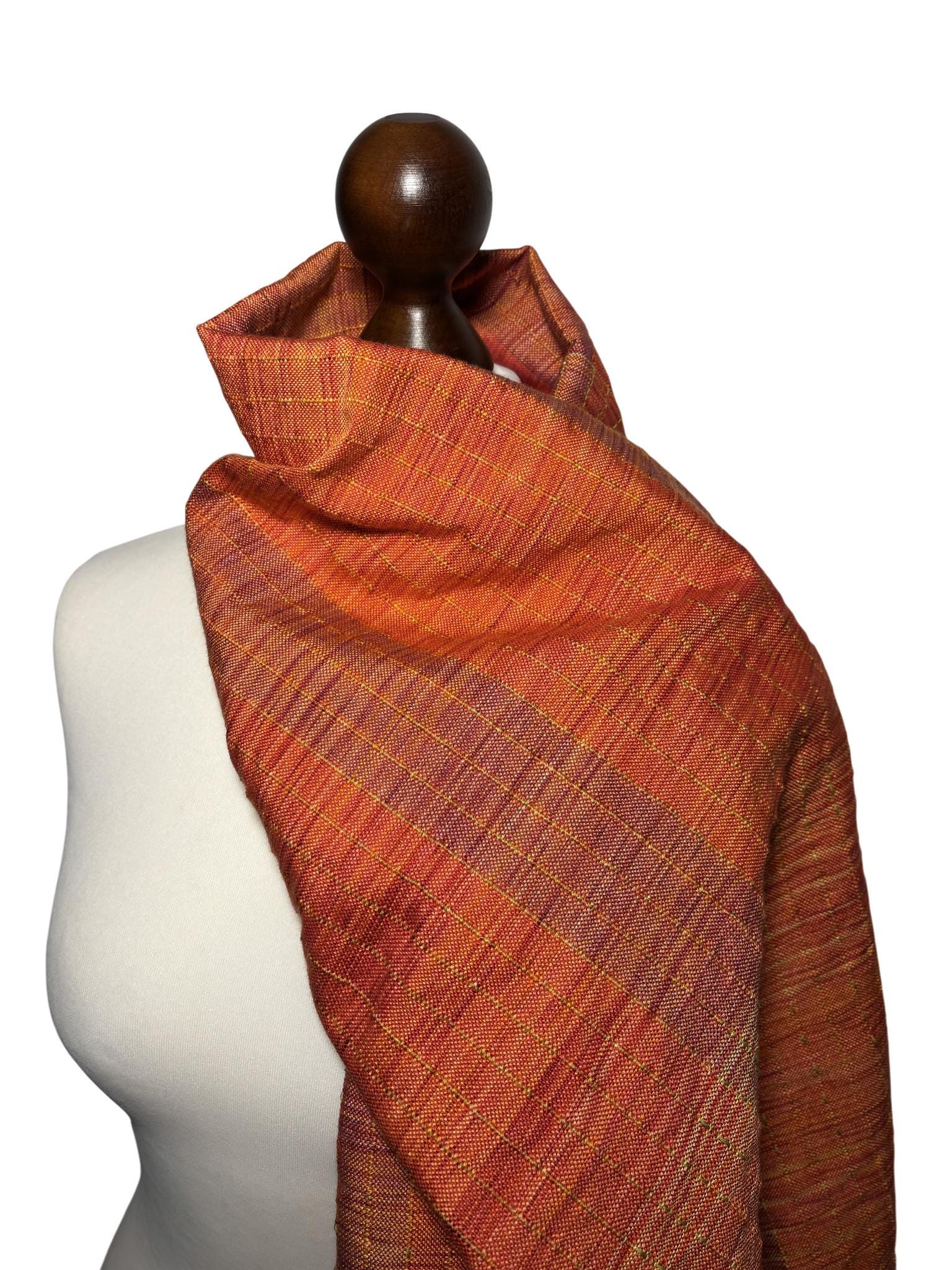 Brick Red Handwoven Merino Silk Scarf, Lightweight Orange Wrap, Custom Monogram Available