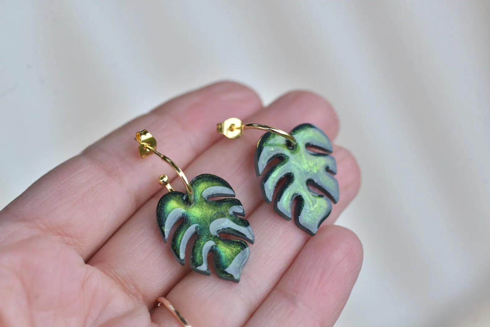 Botanical Resin Earrings - Monstera Leaf Gold Hoop Jewelry, photo 4