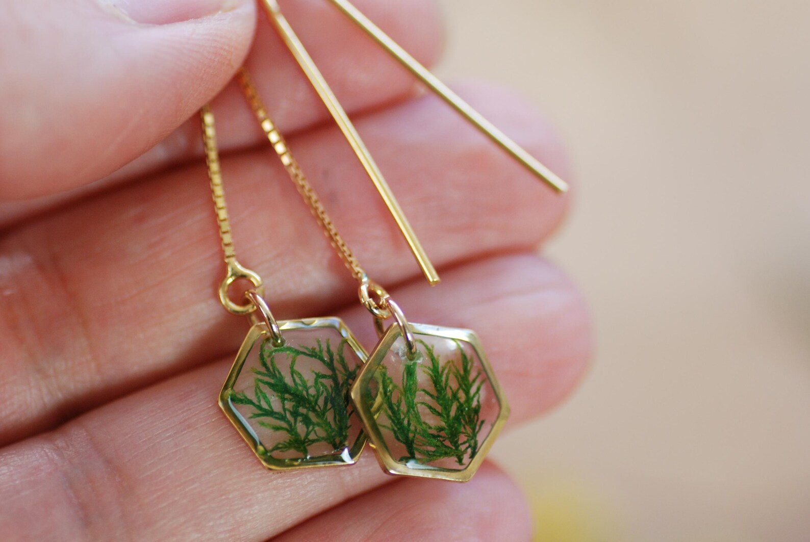 Botanical Threader Earrings - Real Moss Hexagon Chain Drops, photo 3