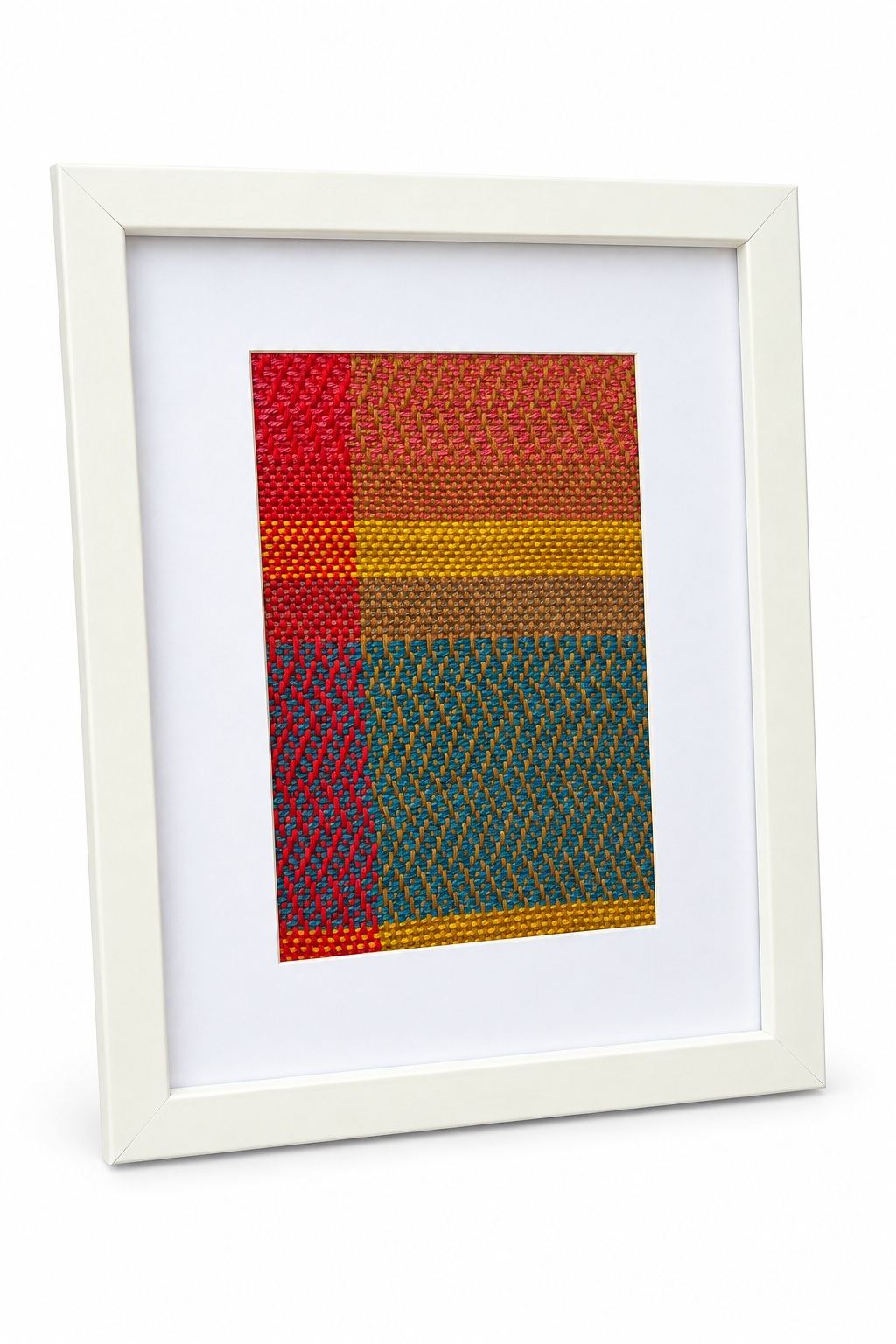 Handwoven Textile Wall Art – Mustard, Blue, Brown and Pink Cotton 23x28 cm, photo 3
