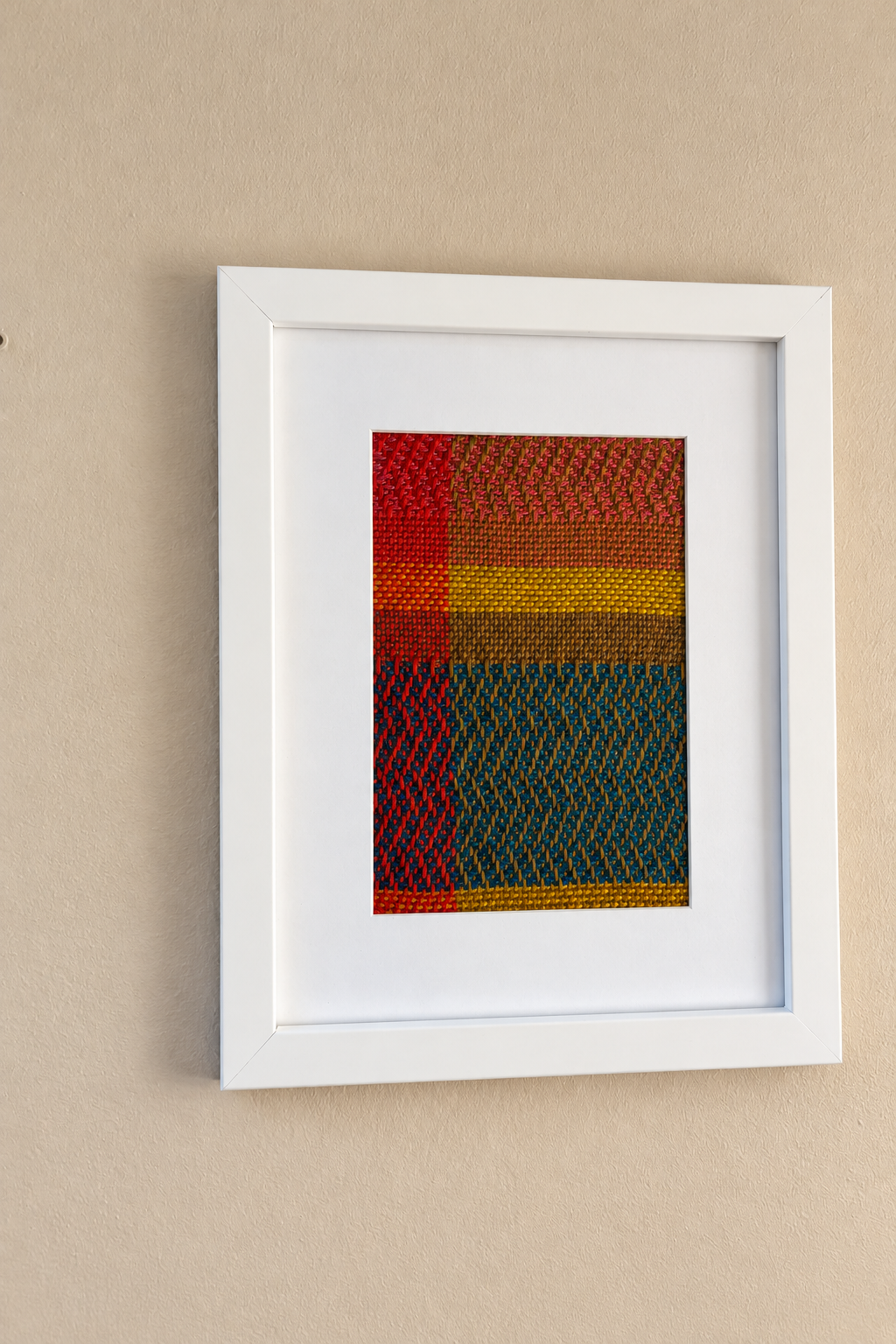 Handwoven Textile Wall Art – Mustard, Blue, Brown and Pink Cotton 23x28 cm, photo 2