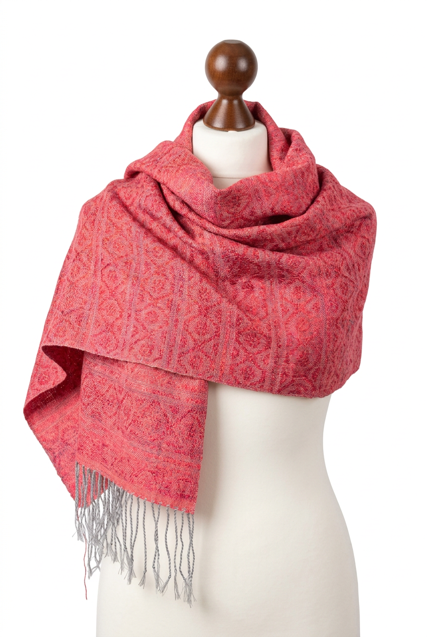 Hand-woven Raspberry gradient Merino Cashmere Rose fiber Silk Shawl, photo 4