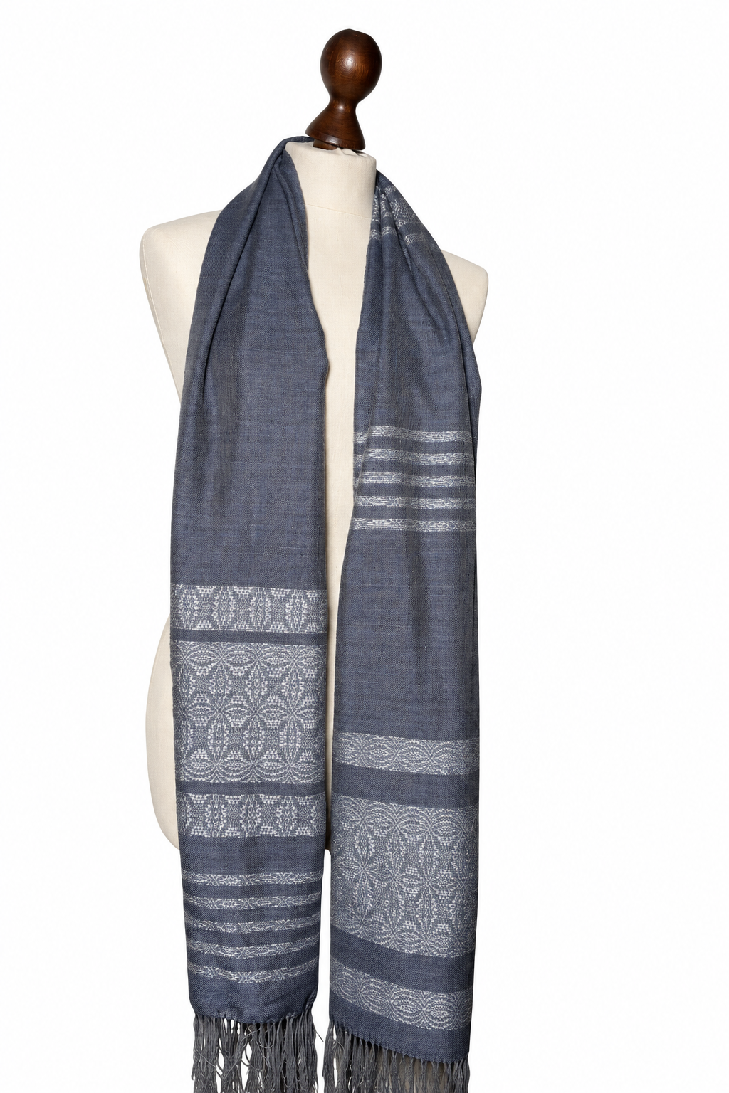 Woven Slate Grey Mulberry Silk Scarf | Bluish Gray Lily Pattern Shawl, photo 4